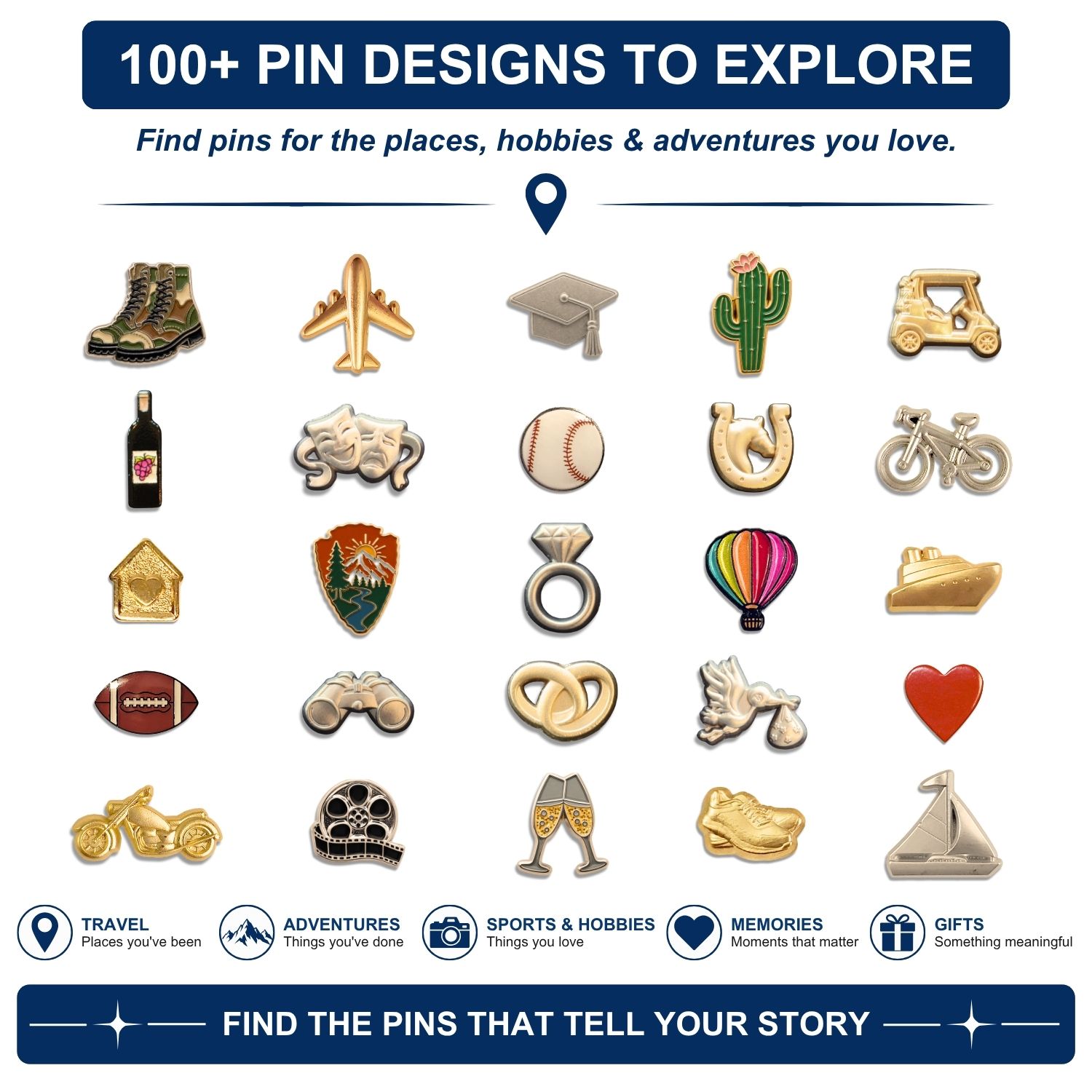 Collection of 100 plus specialty lapel pin designs for travel hobbies sports and memories
