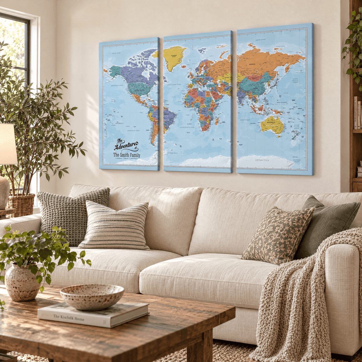 3 Panel - Blue Oceans World Large Travel Map
