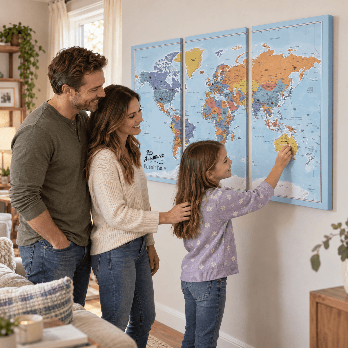 3 Panel - Blue Oceans World Large Travel Map