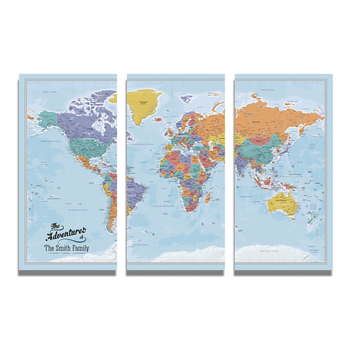 3 Panel - Blue Oceans World Large Travel Map
