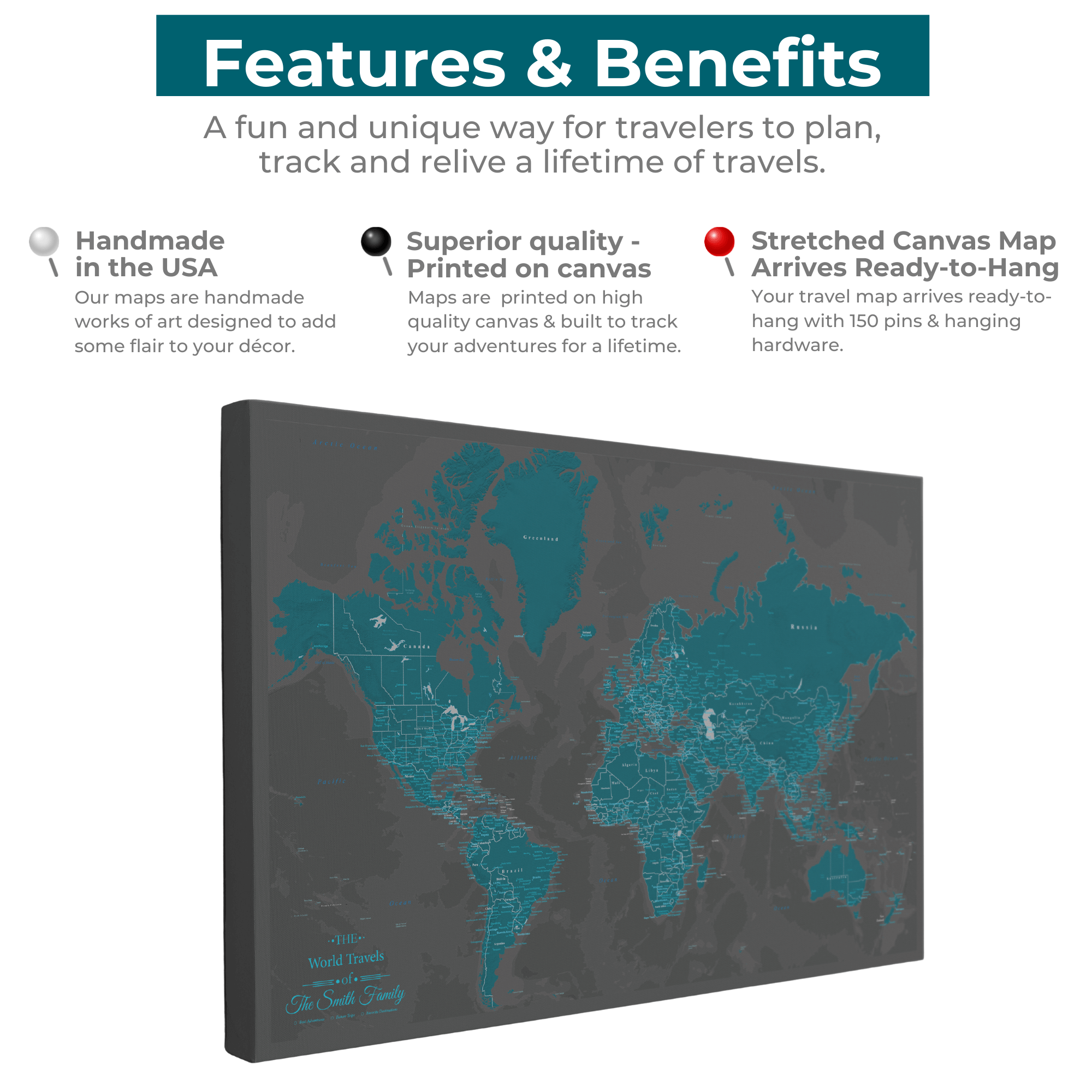 Gallery Wrapped - Midnight Dream World Push Pin Map with Pins