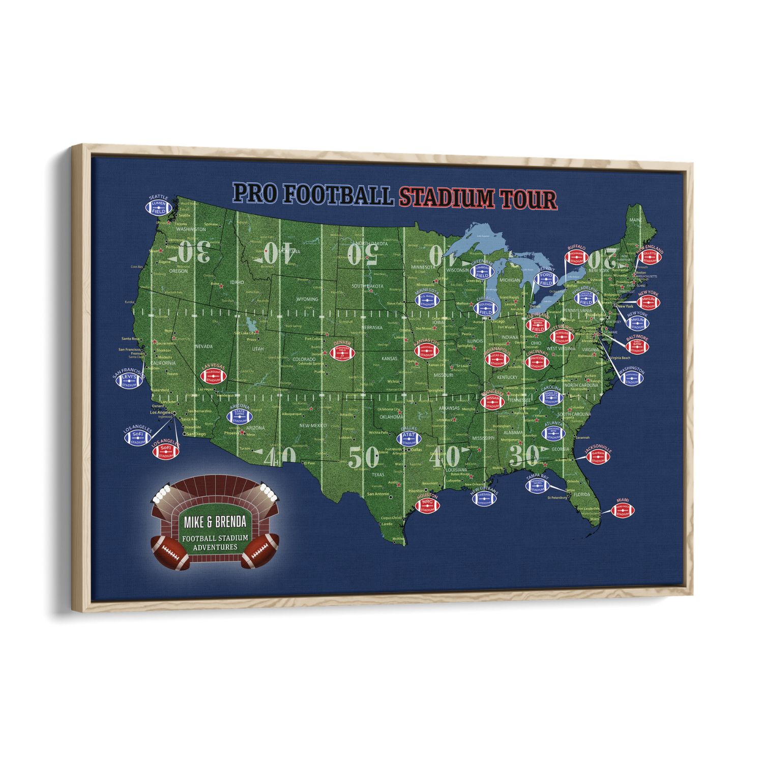 Canvas - Football Stadium Push Pin Travel Map with Pins