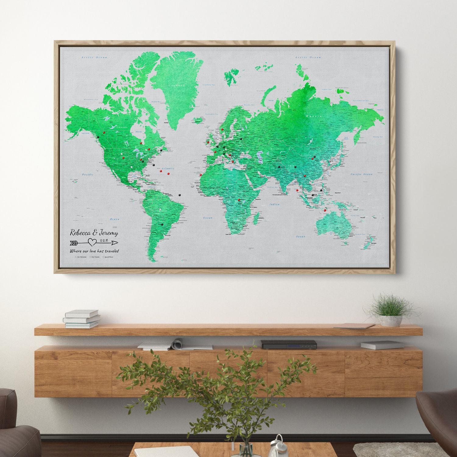 Canvas - Enchanting Emerald Watercolor World Travel Map with pins