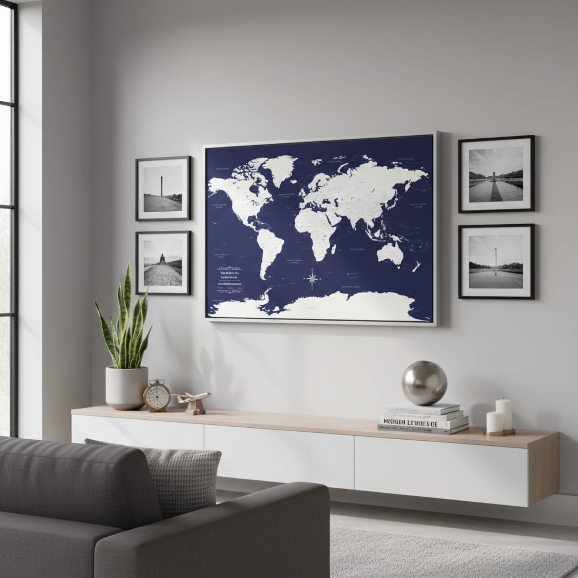Navy Explorers canvas world travel map with pins displayed in modern living room gallery wall