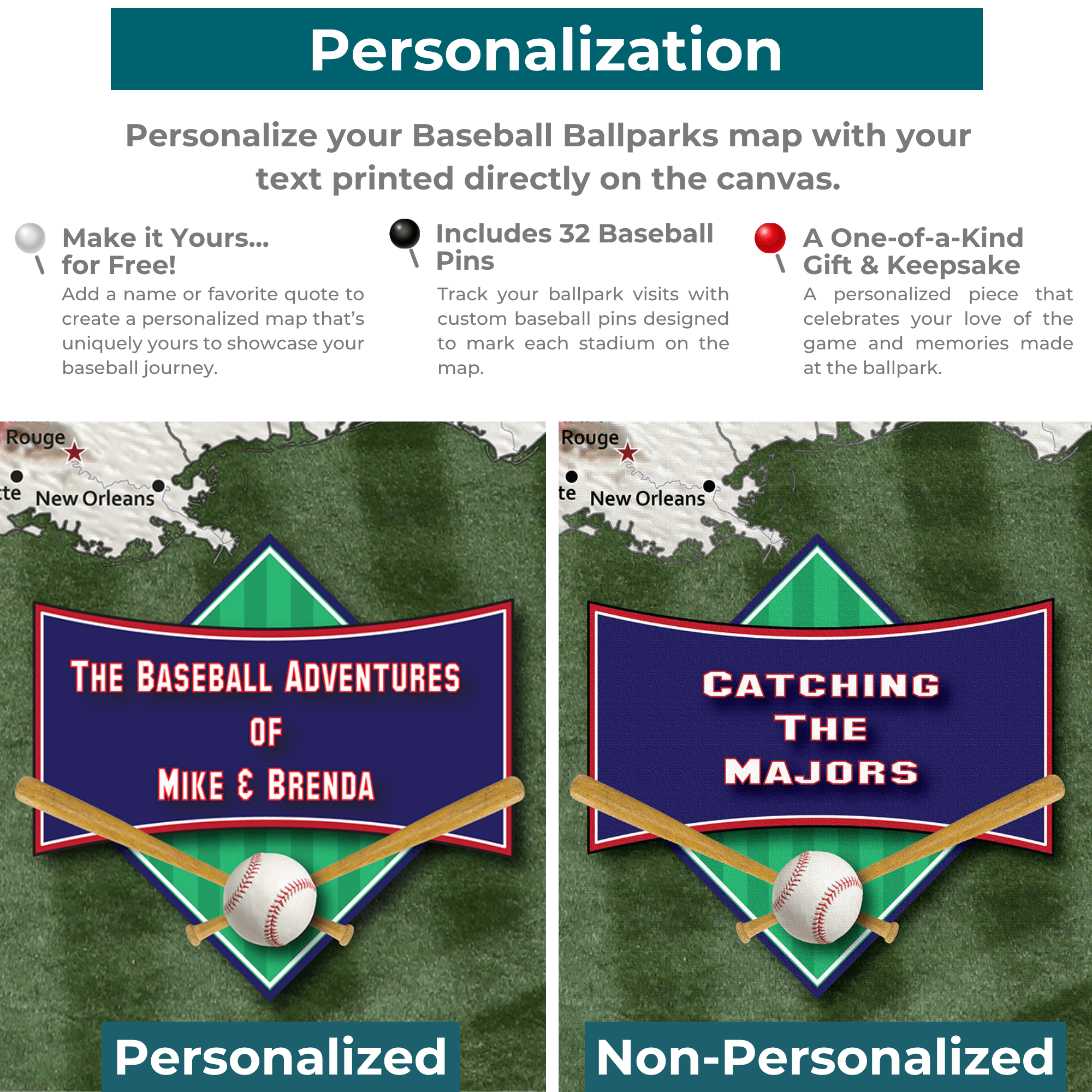Personalized vs non-personalized baseball ballpark push pin travel map canvas comparison graphic