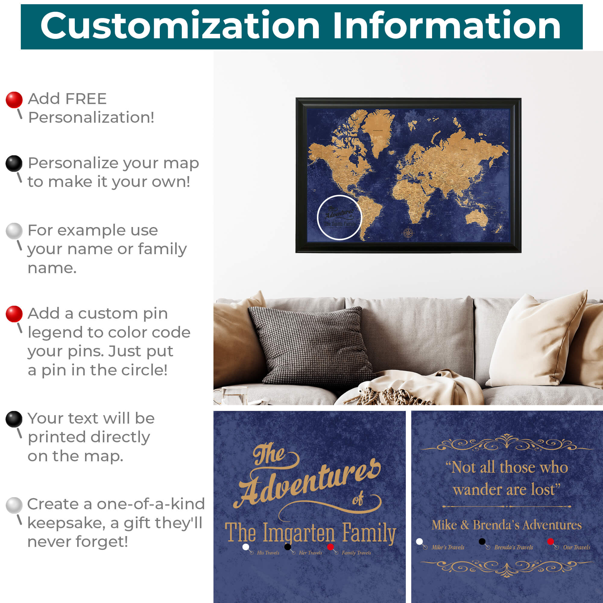 Customization Info Canvas Gold & Navy Push Pin Travel Map