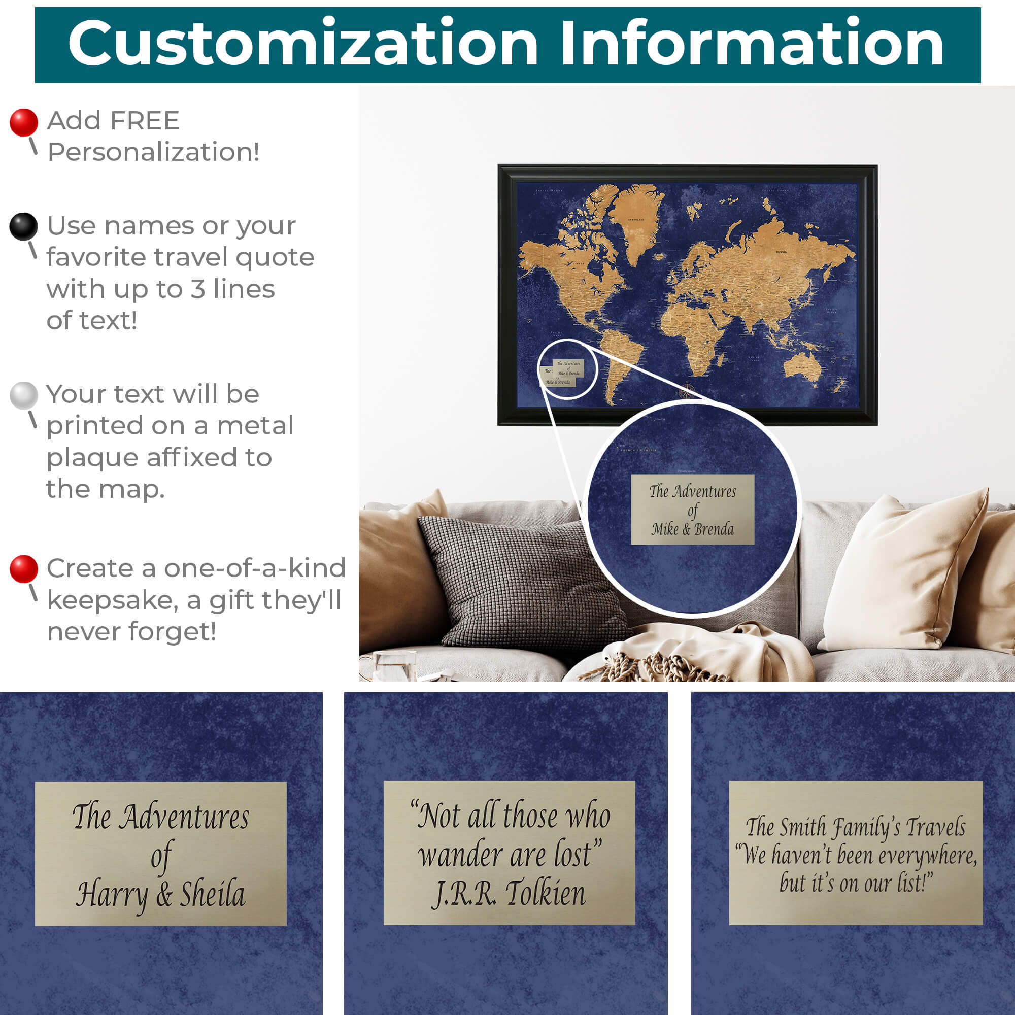 Navy and Gold World Wall Map Personalization Info