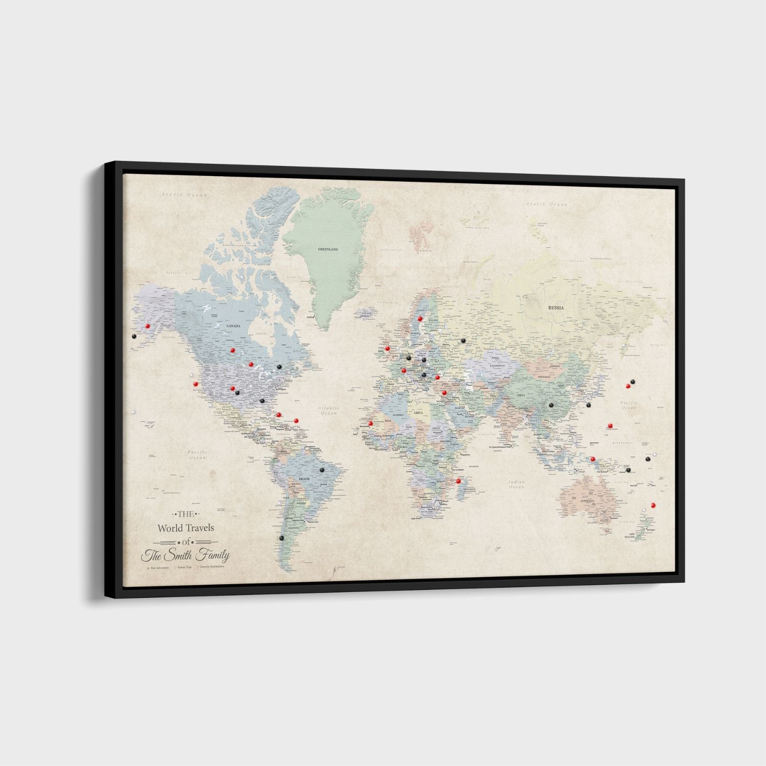 Personalized Sandy Dreams world travel map canvas with red and black push pins in black float frame