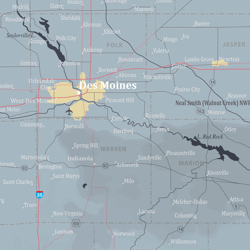 Closeup of City Detail on Iowa Slate State Push Pin Map