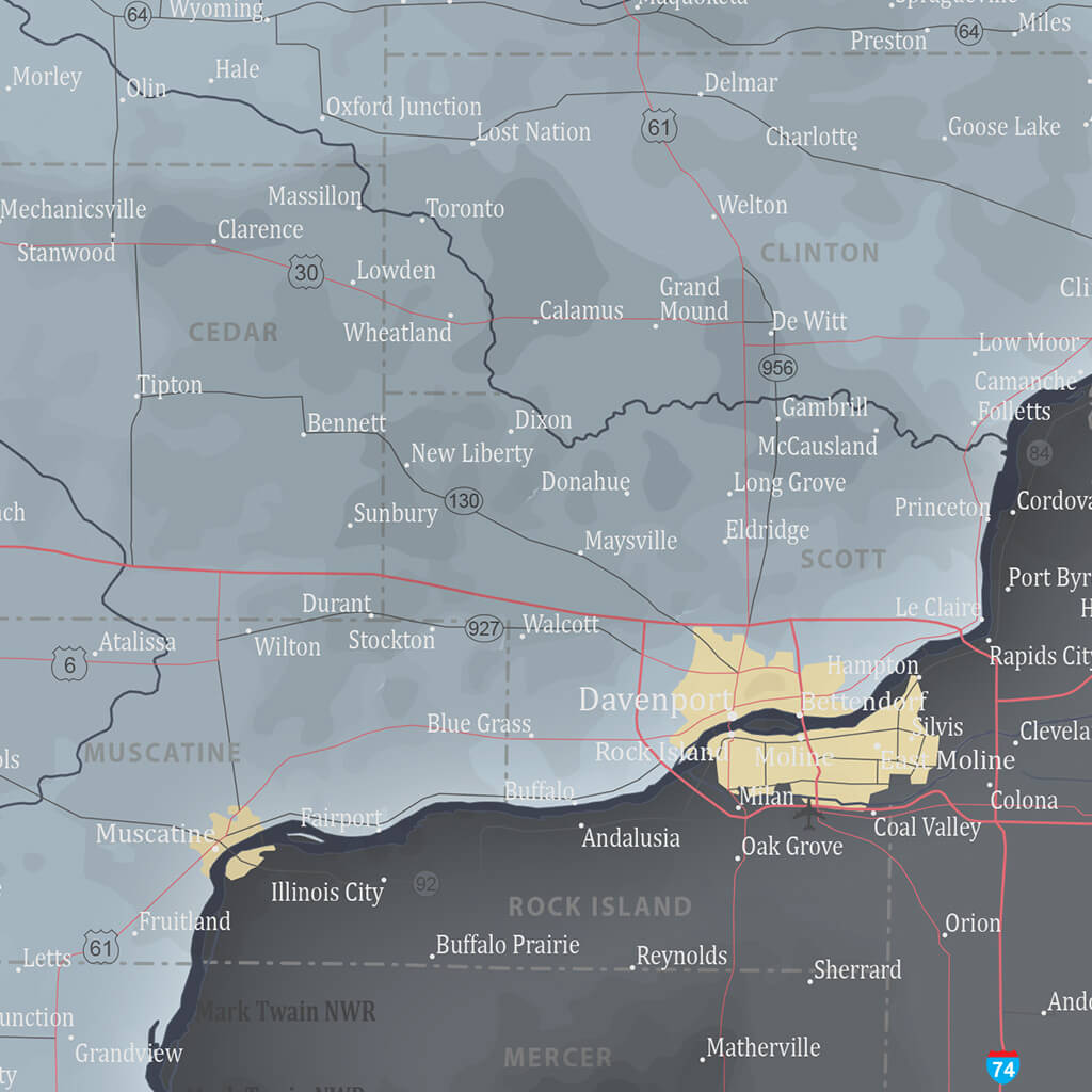 Closeup of Details on Slate Iowa State Map
