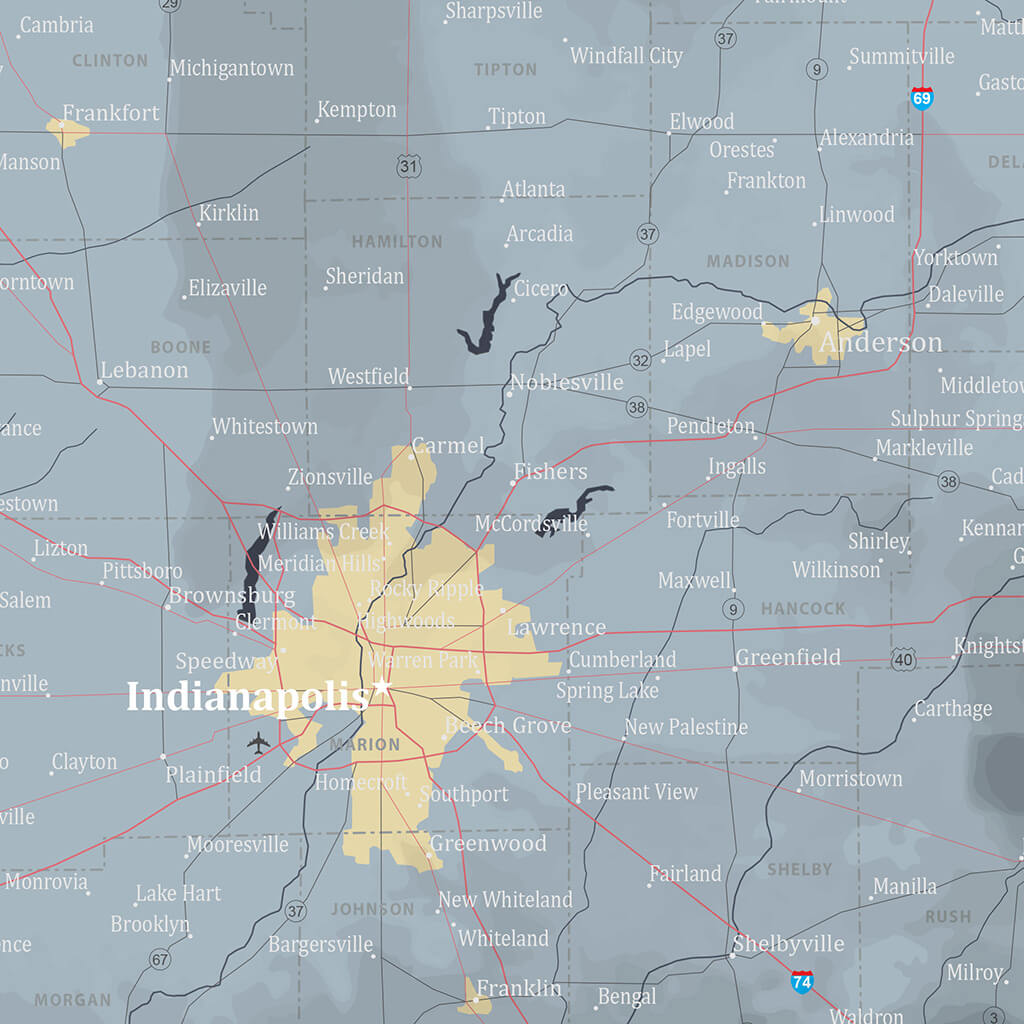 Closeup of Slate Indiana Push Pin Wall Map