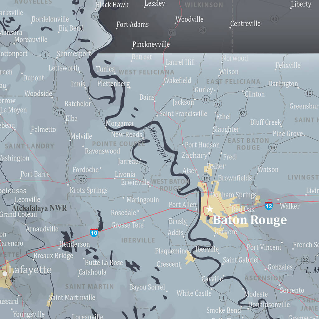 Closeup of City Details on Louisiana Slate State Map