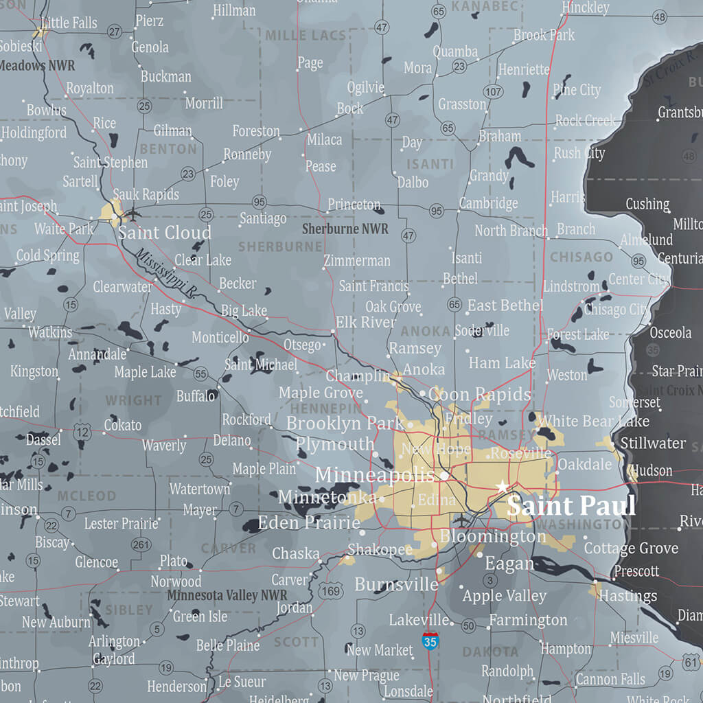 Closeup of City Details on Minnesota Slate Travelers Map