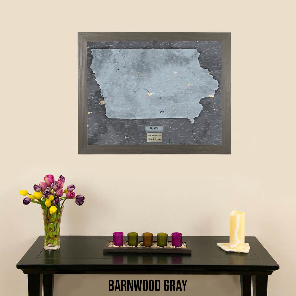 Push Pin Travel Maps Iowa Slate Map with Pins in Barnwood Gray Frame