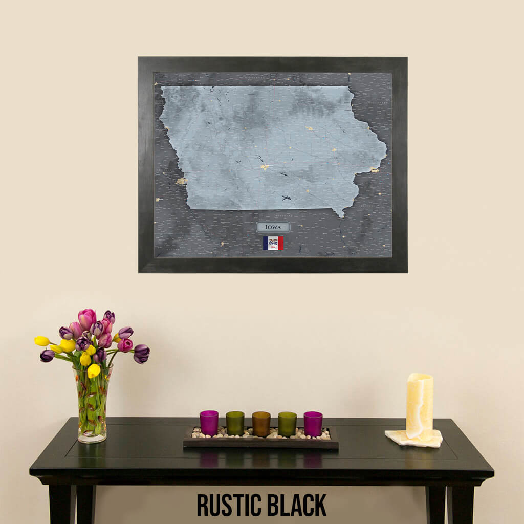 Push Pin Travel Maps Iowa Slate Map with Pins in Rustic Black Frame