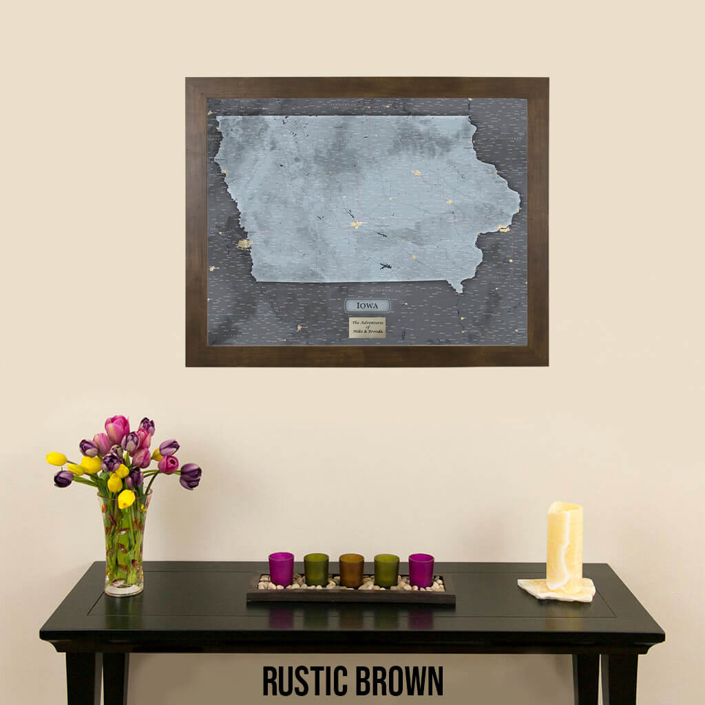 Push Pin Travel Maps Iowa Slate Map with Pins in Rustic Brown Frame