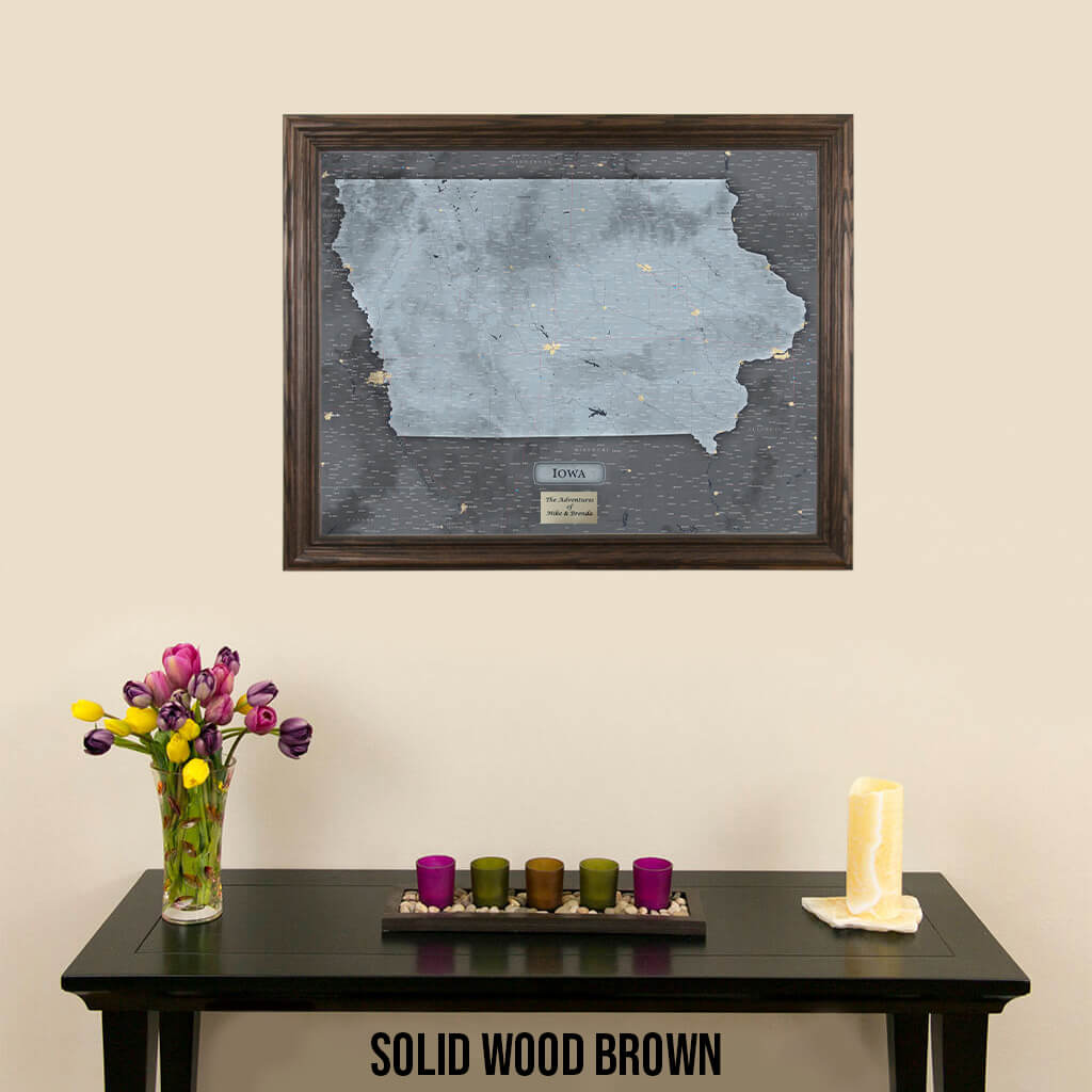 Push Pin Travel Maps Iowa Slate Map with Pins in Solid Wood Brown Frame