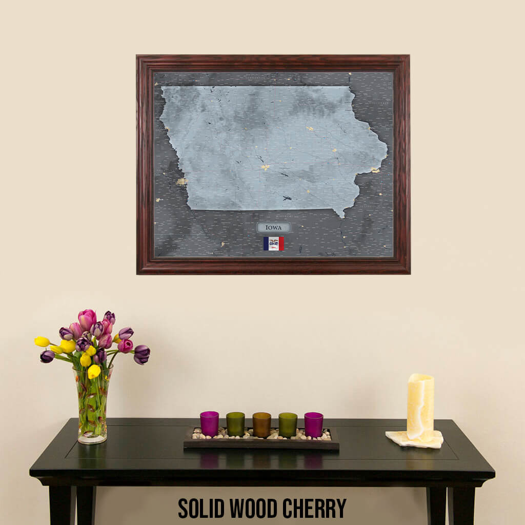 Push Pin Travel Maps Iowa Slate Map with Pins in Solid Wood Cherry Frame