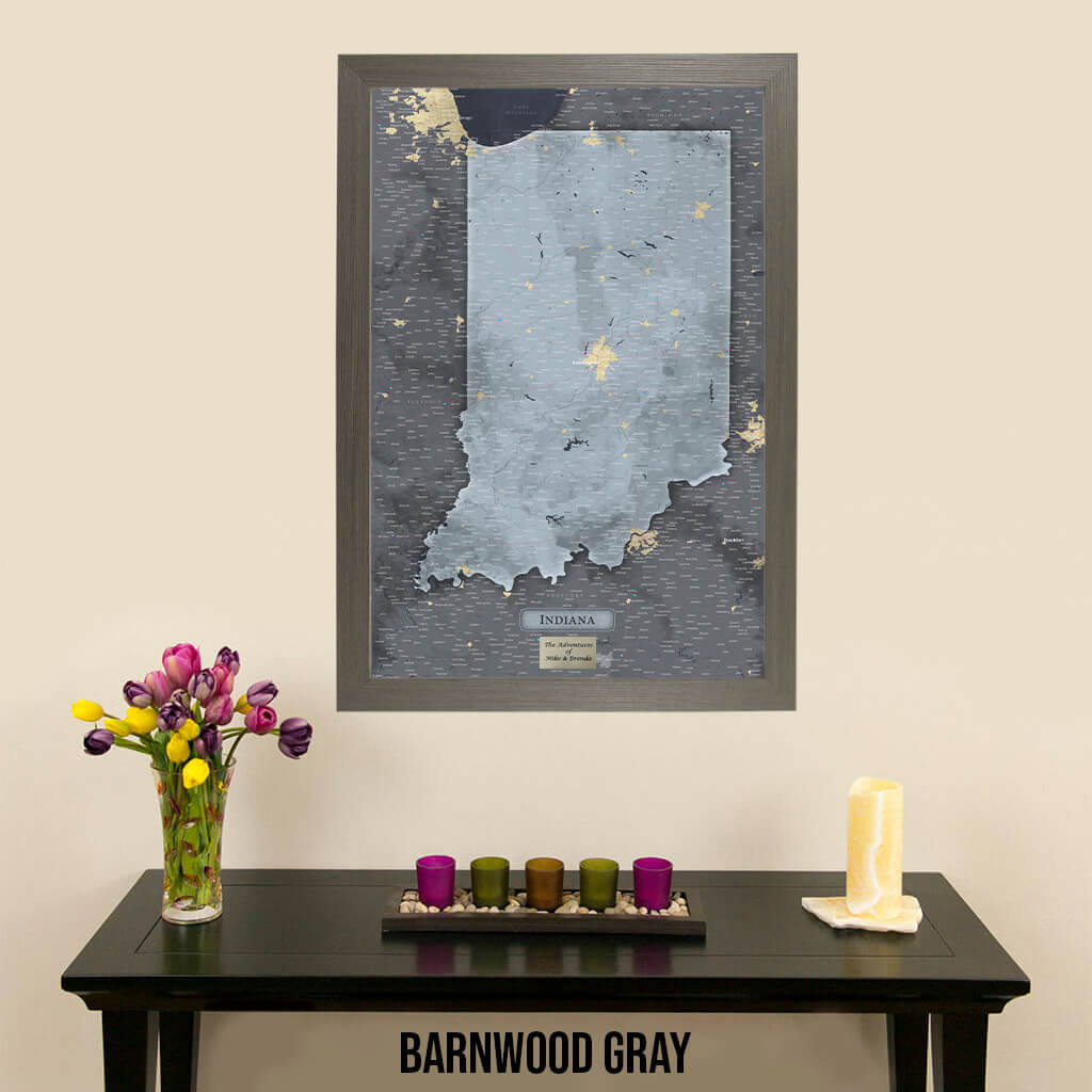 Push Pin Travel Maps Indiana Slate Map with Pins in Barnwood Gray Frame