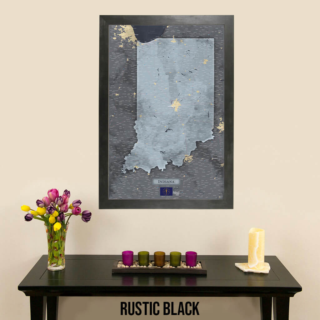 Push Pin Travel Maps Indiana Slate Map with Pins in Rustic Black Frame
