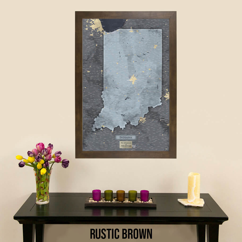 Push Pin Travel Maps Indiana Slate Map with Pins in Rustic Brown Frame