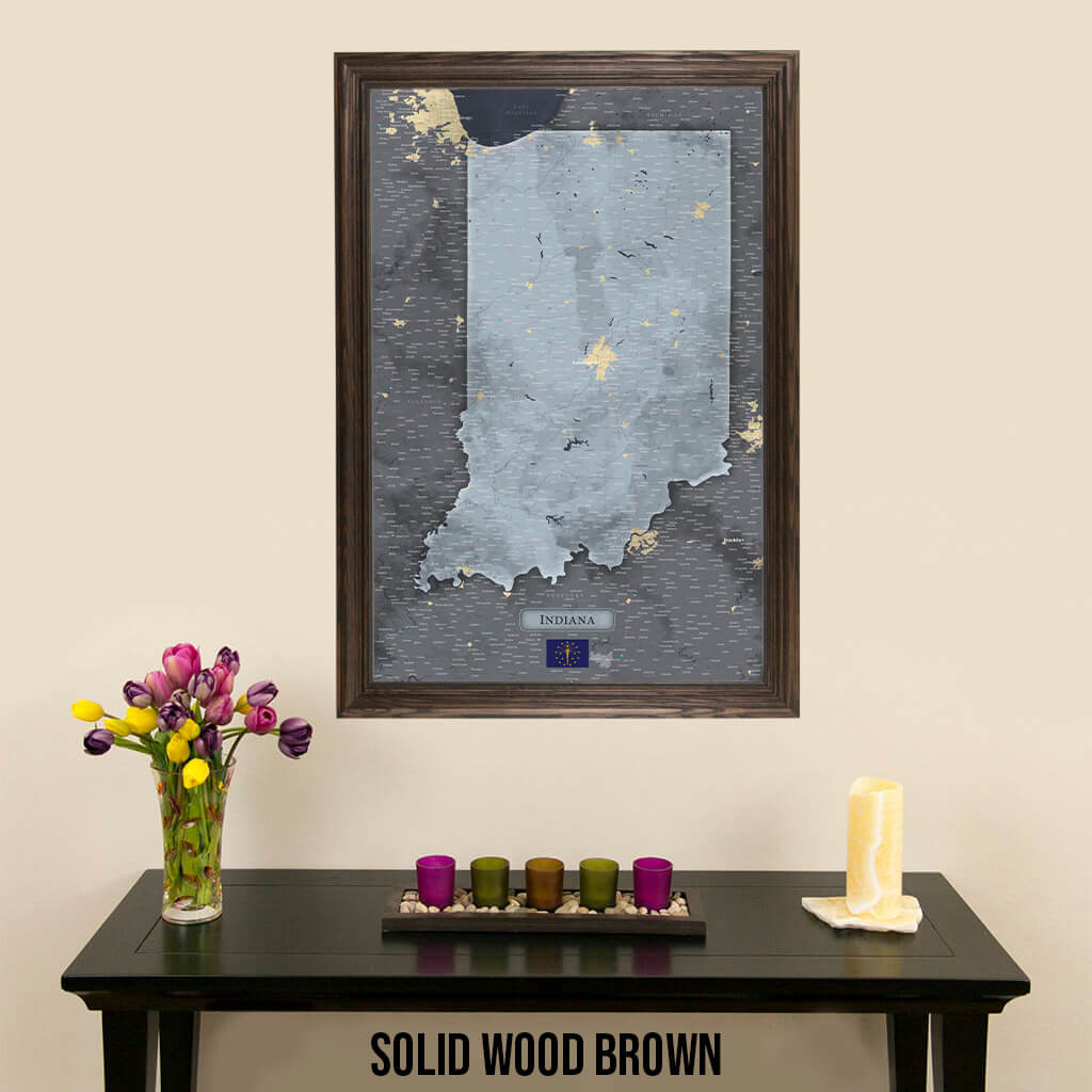 Push Pin Travel Maps Indiana Slate Map with Pins in Solid Wood Brown Frame