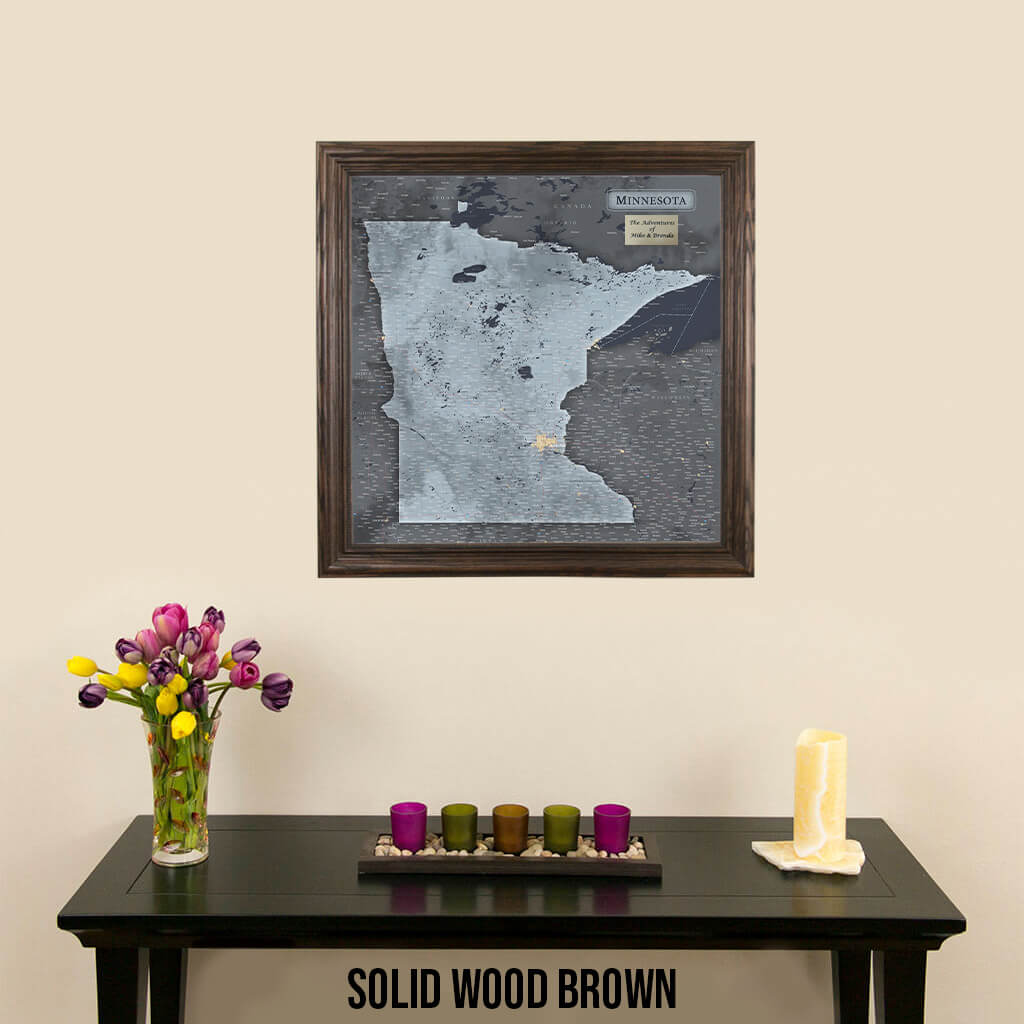 Push Pin Travel Maps Minnesota Slate Map with Pins in Solid Wood Brown Frame