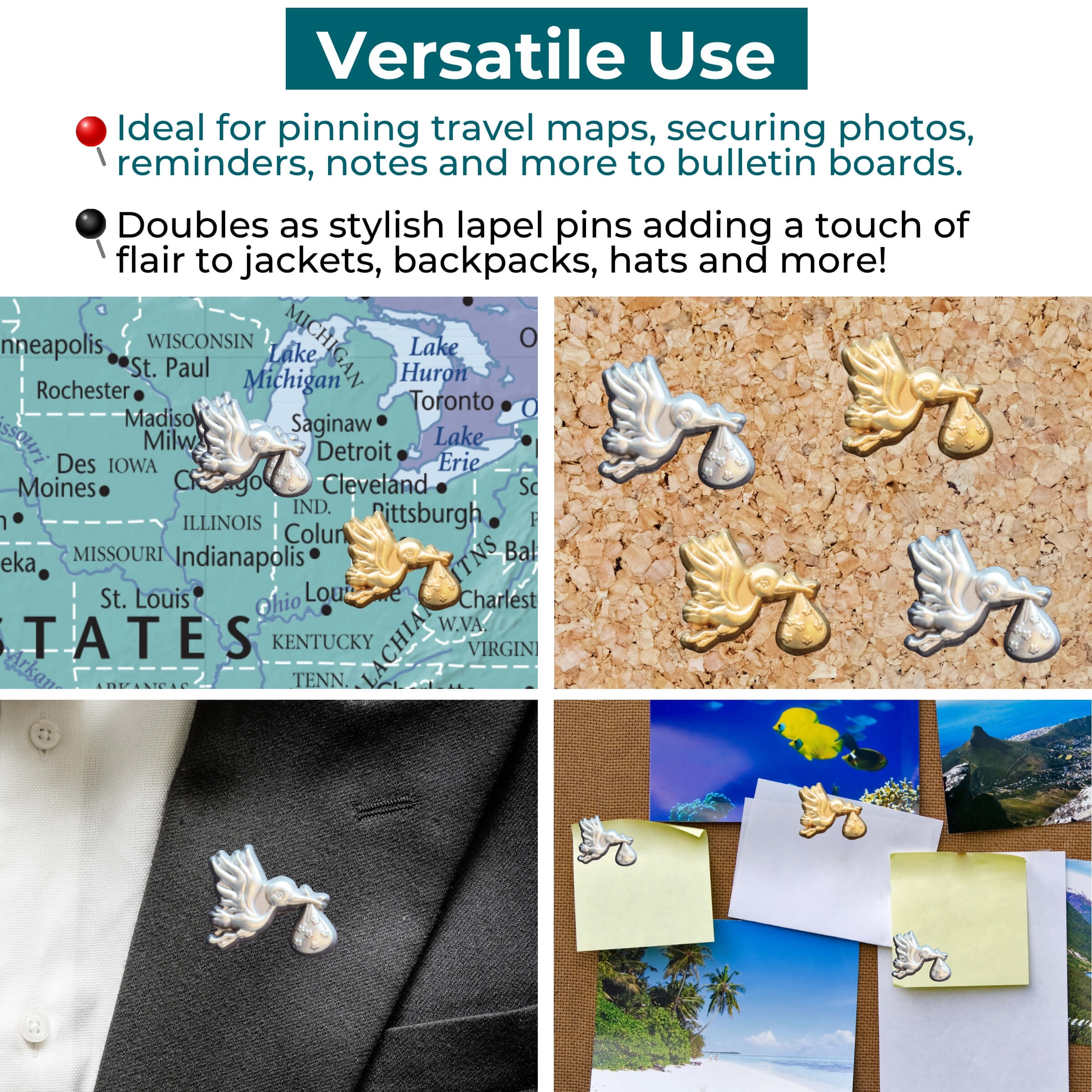 Stork Push Pins Versatile Uses
