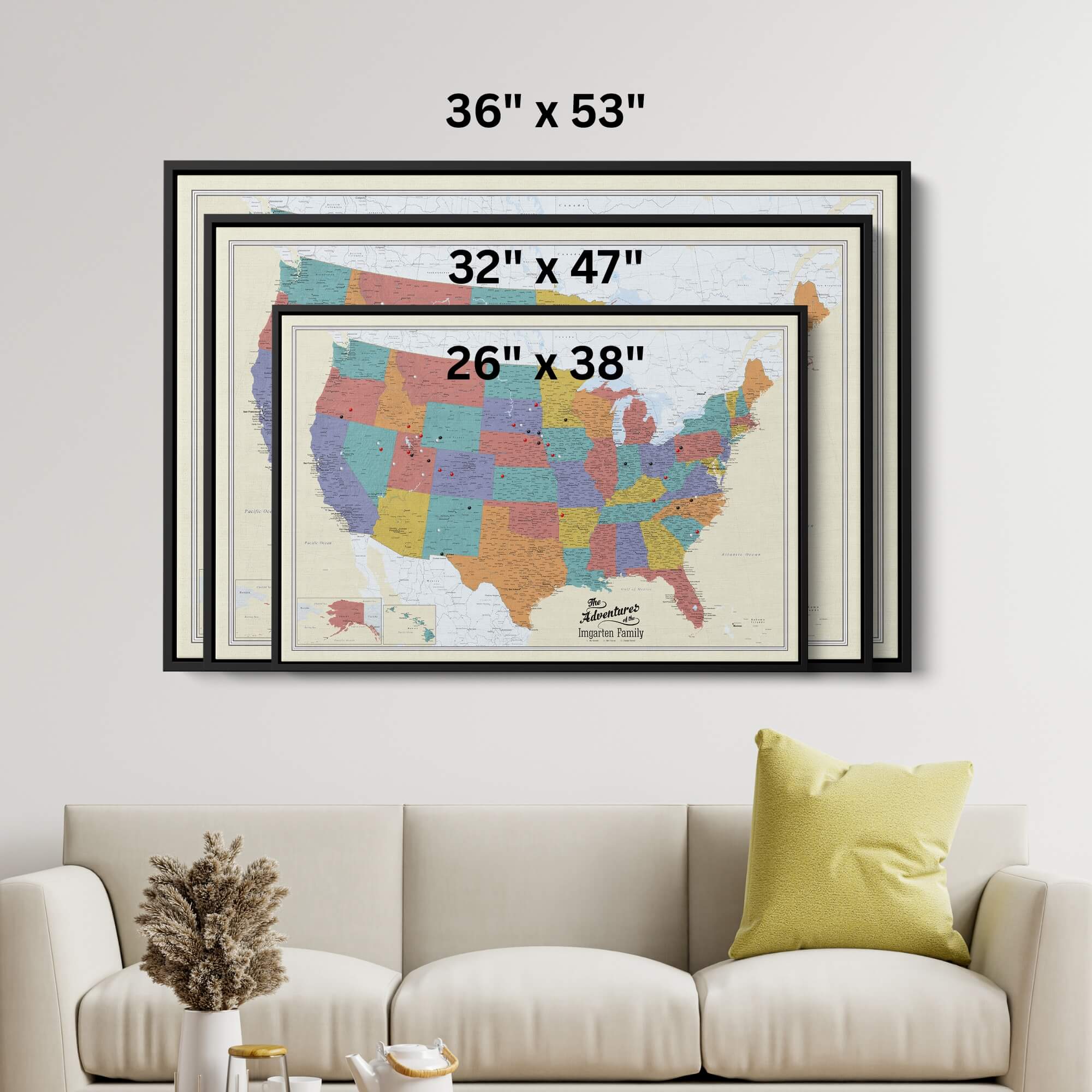 Canvas - Tan Oceans USA Travel Pin Map