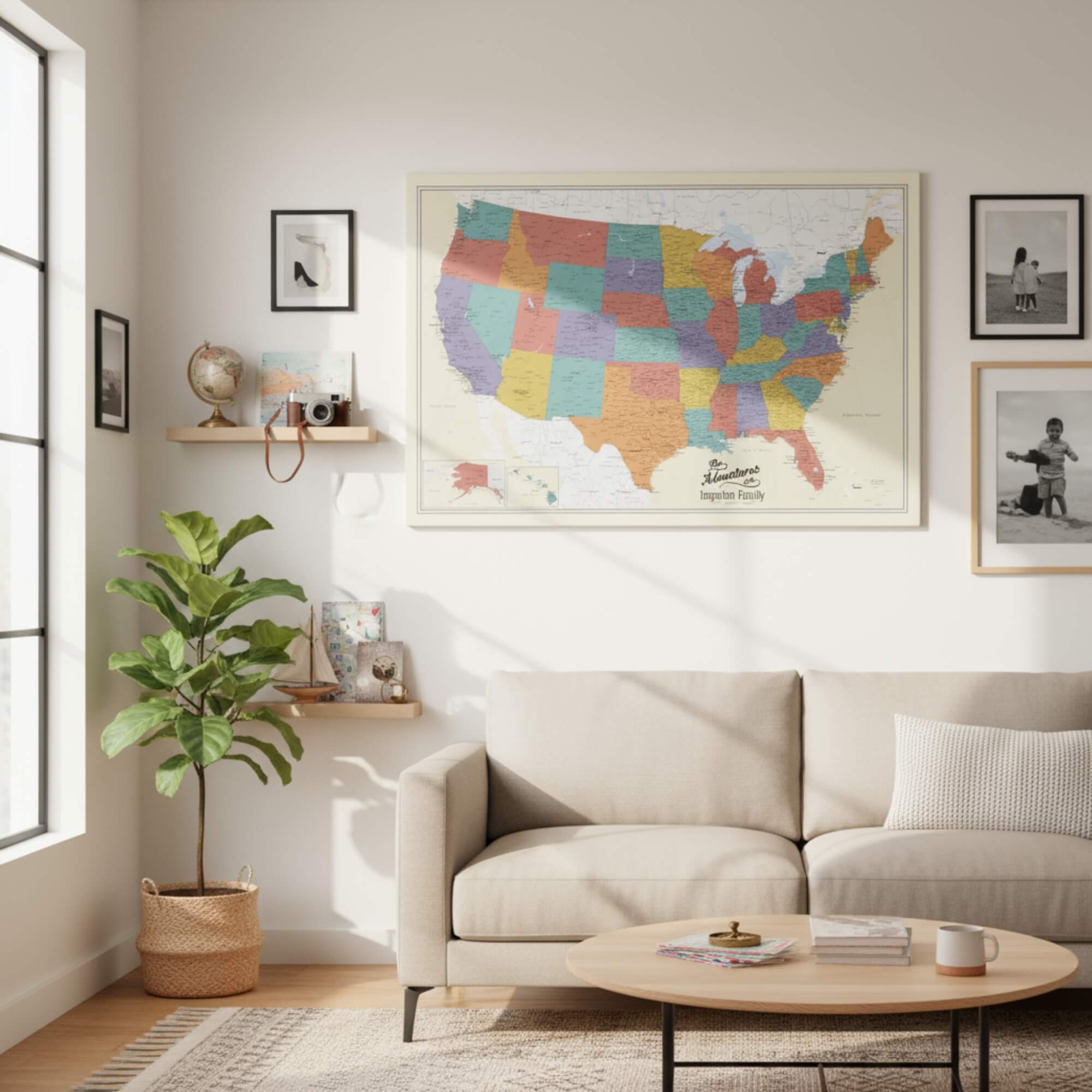 Gallery Wrapped - Tan Oceans USA Travel Map with pins