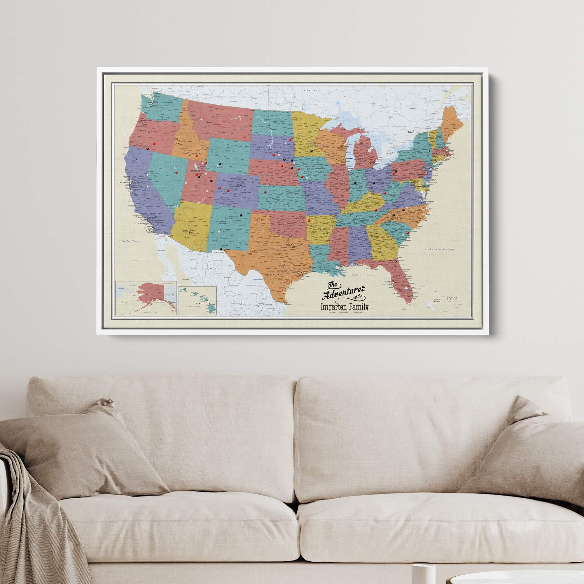 Canvas - Tan Oceans USA Travel Pin Map