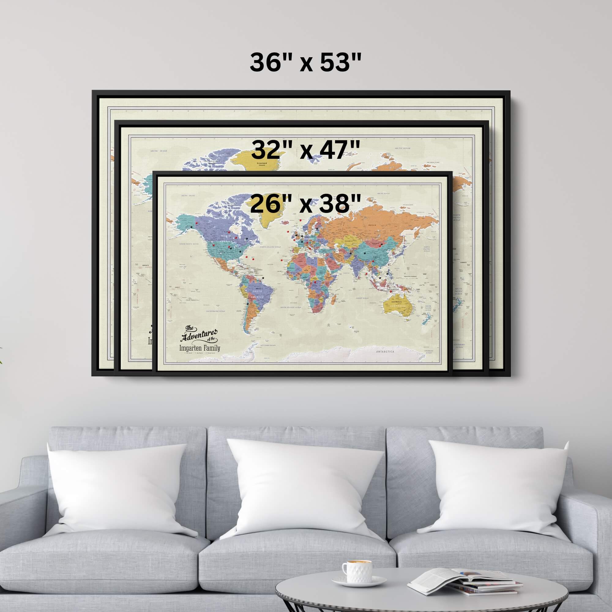 Canvas - Tan Oceans World Travel Map with pins