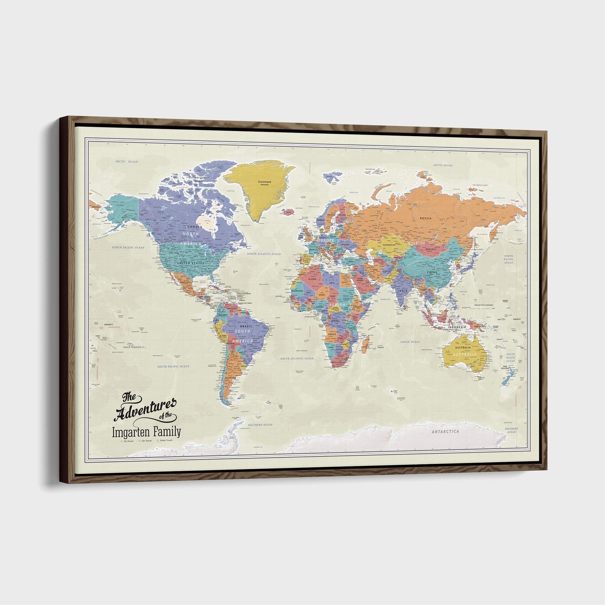 Canvas - Tan Oceans World Travel Map with pins