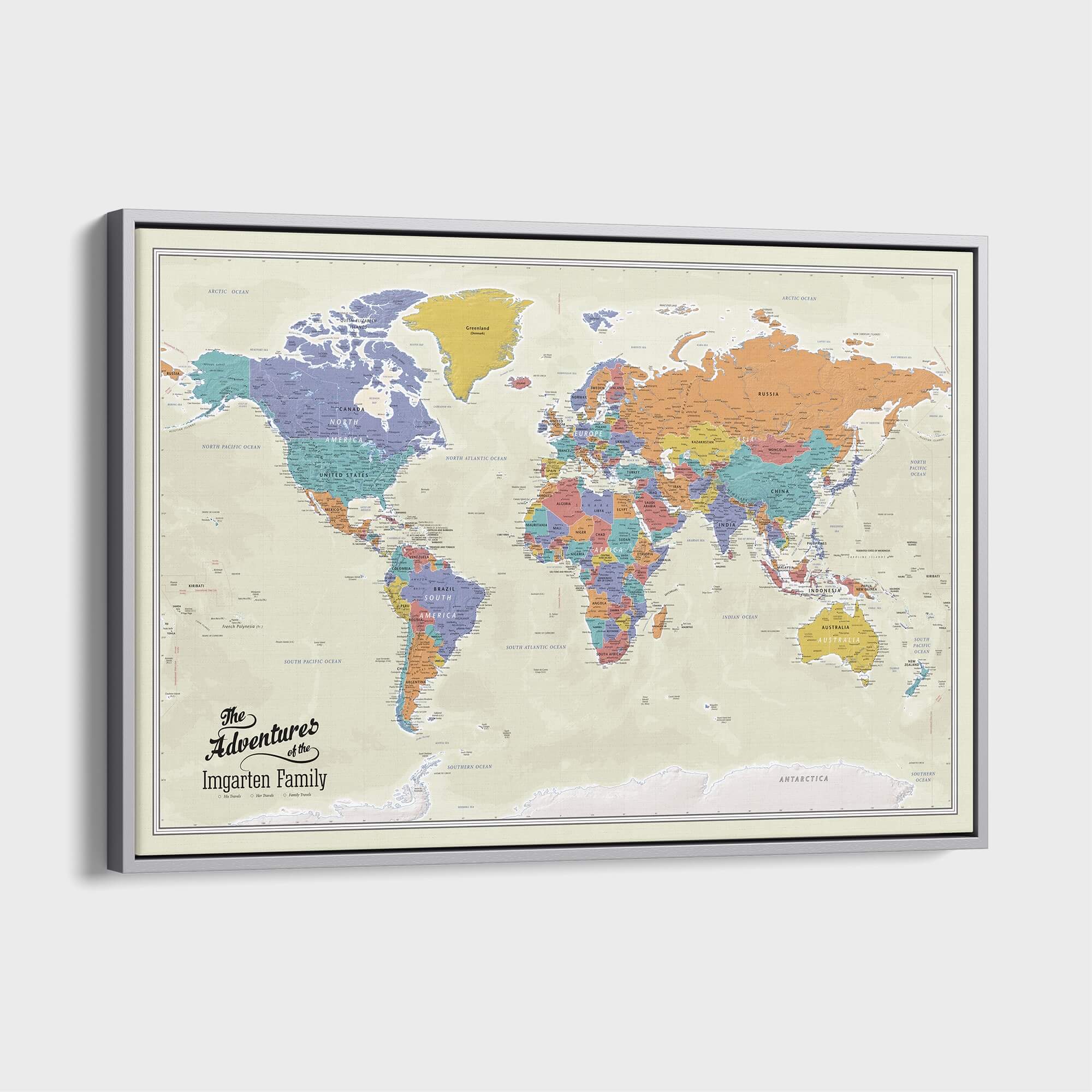 Canvas - Tan Oceans World Travel Map with pins