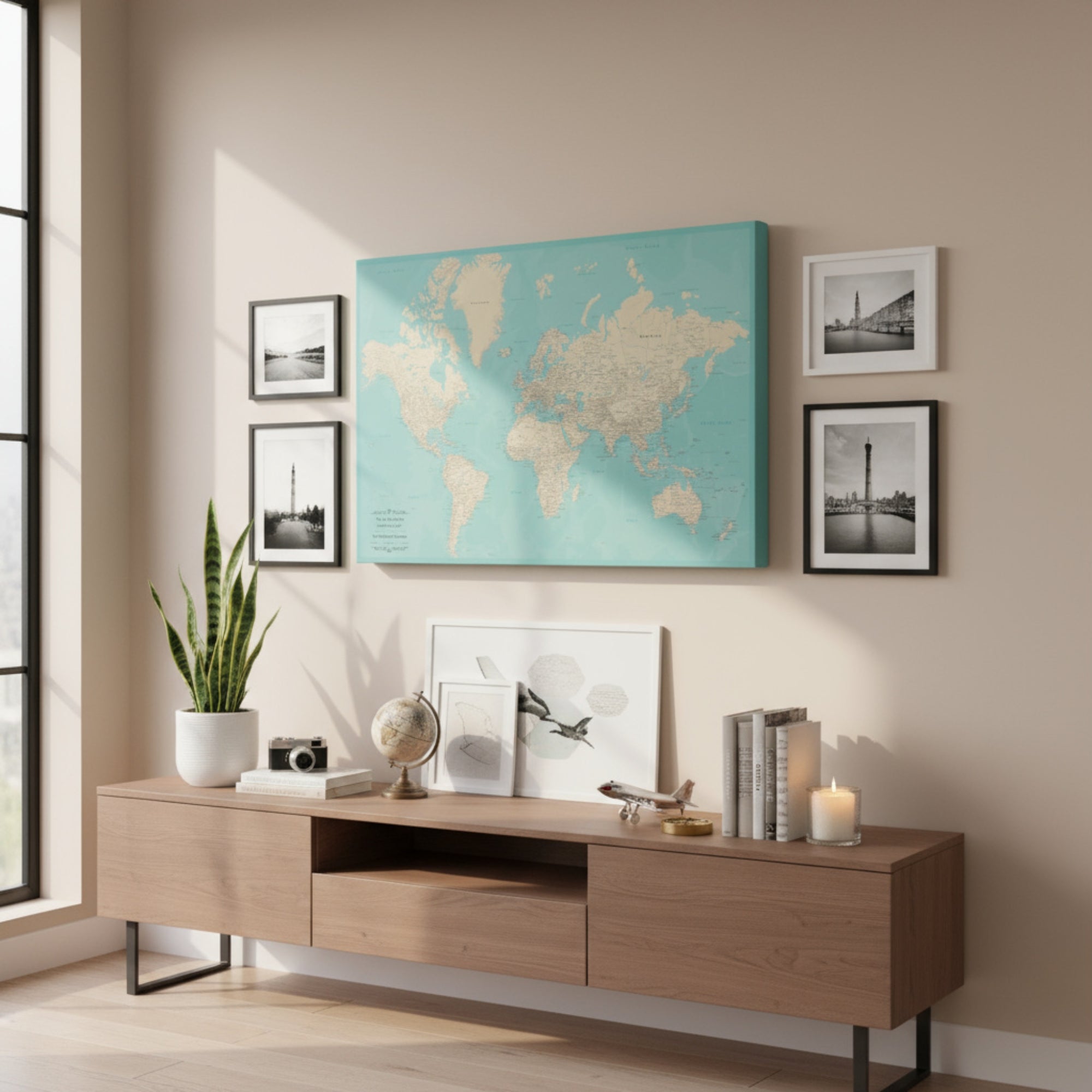 Gallery Wrapped - Teal Dream World Push Pin Map with Pins