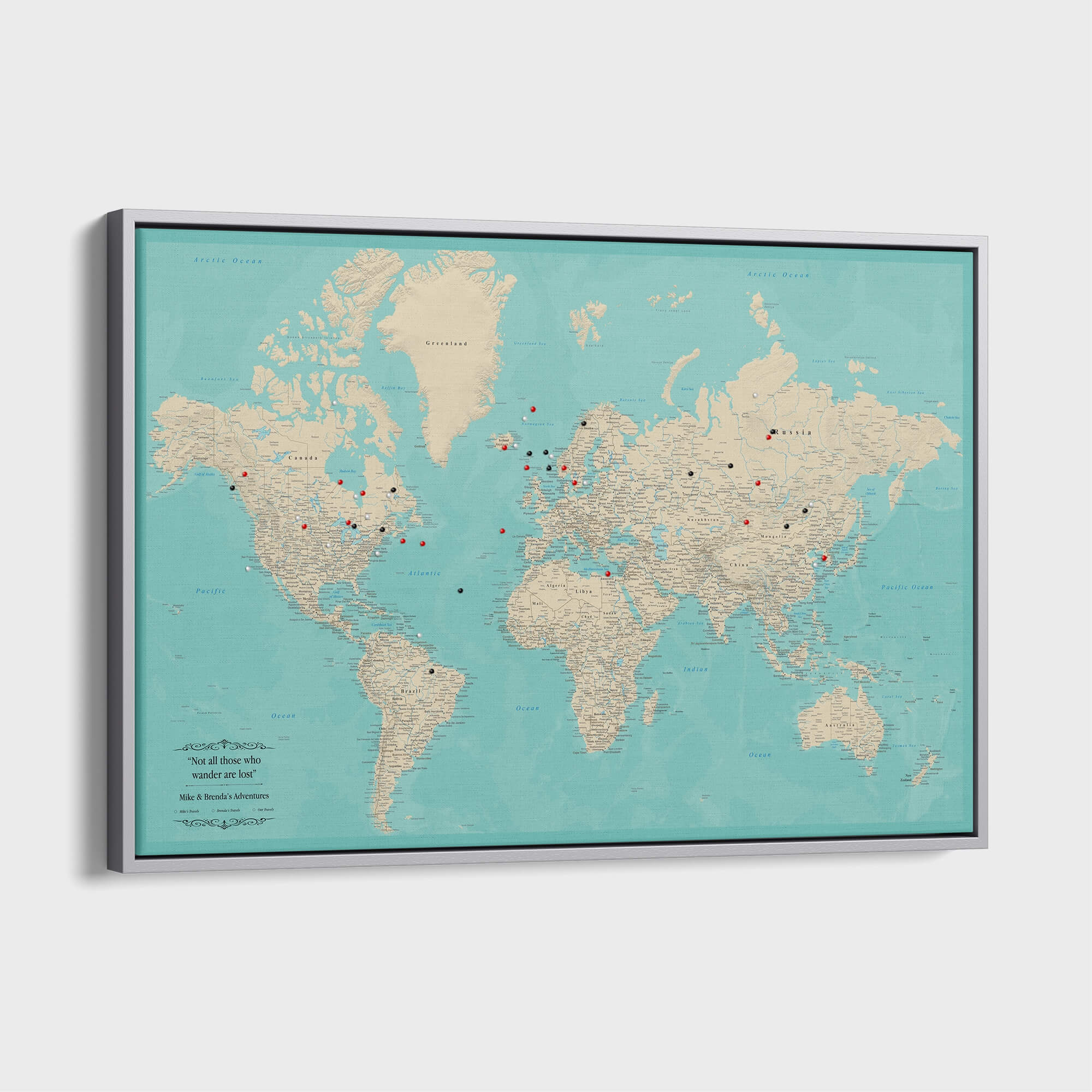 Canvas - Teal Dream World Push Pin Map with Pins