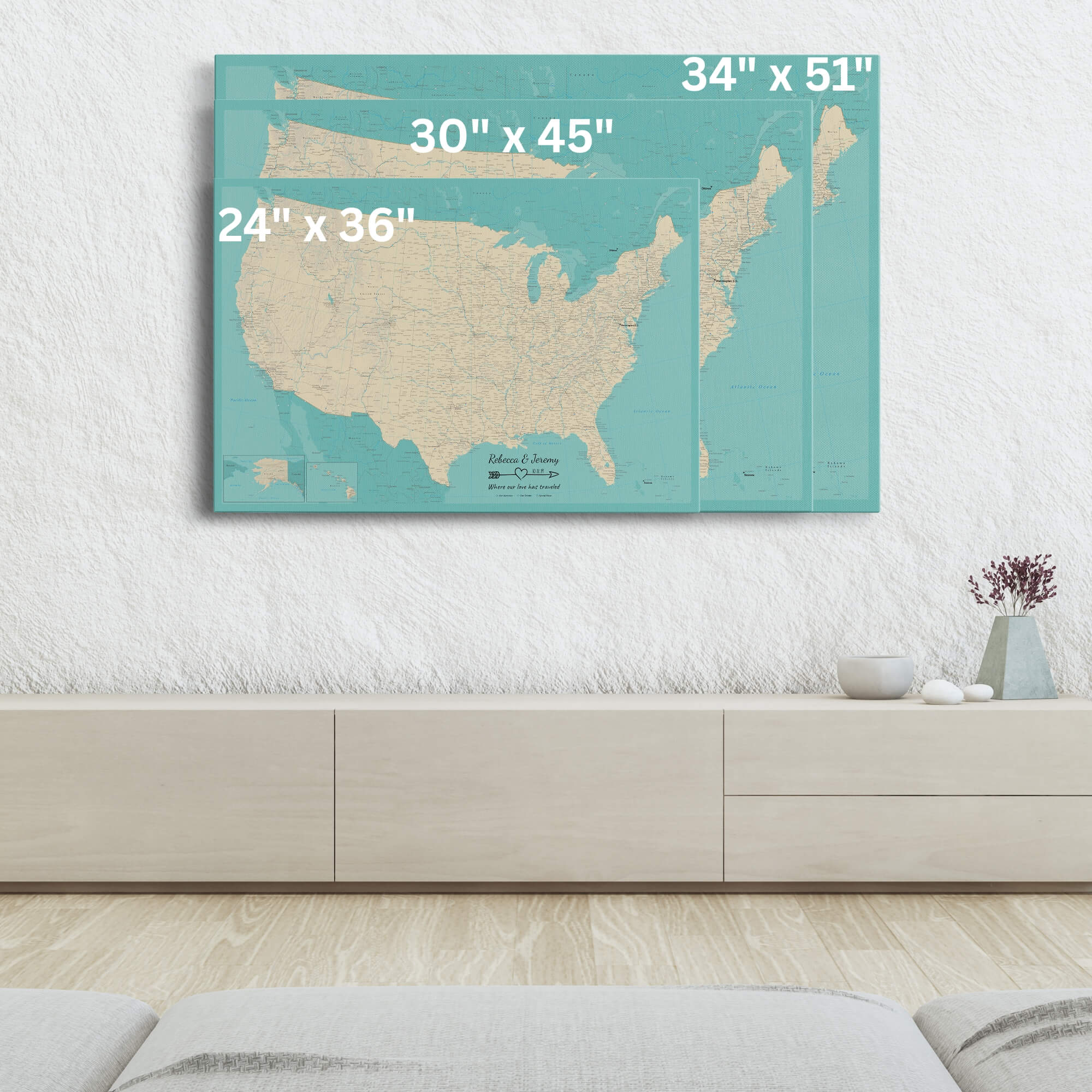 Gallery Wrapped - Teal Dream USA Push Pin Map with Pins