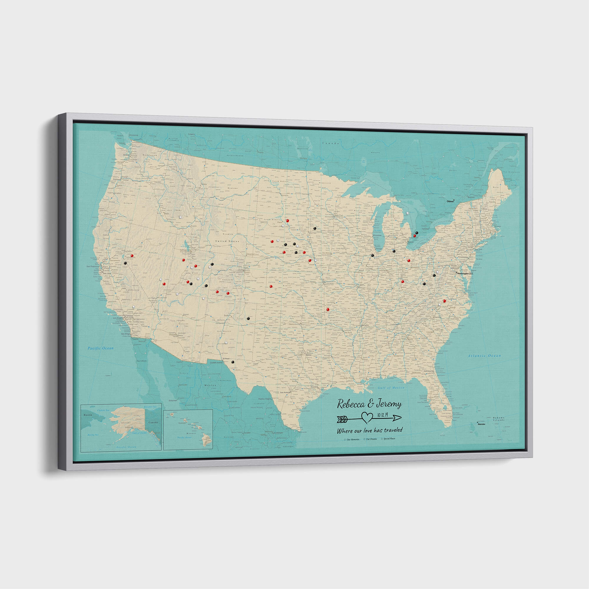 Canvas - Teal Dream USA Push Pin Map with Pins
