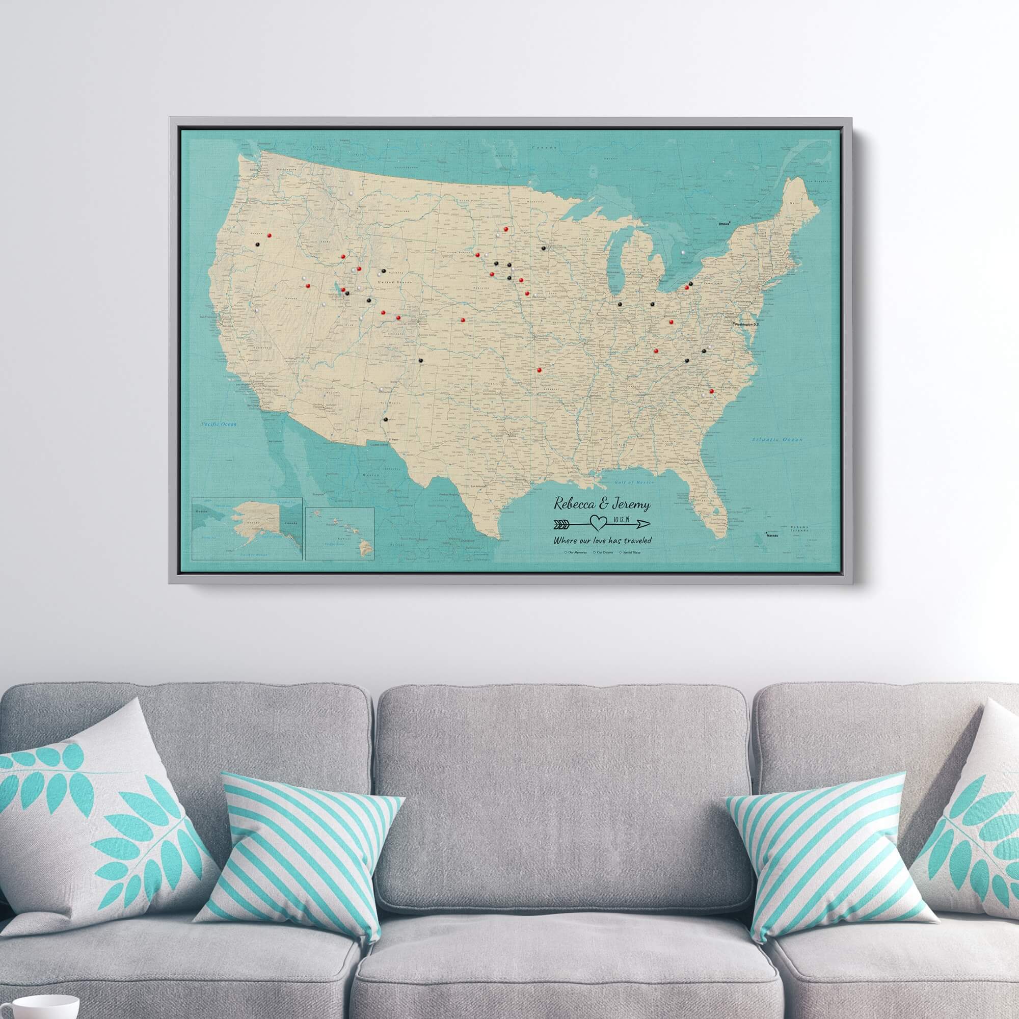Canvas - Teal Dream USA Push Pin Map with Pins