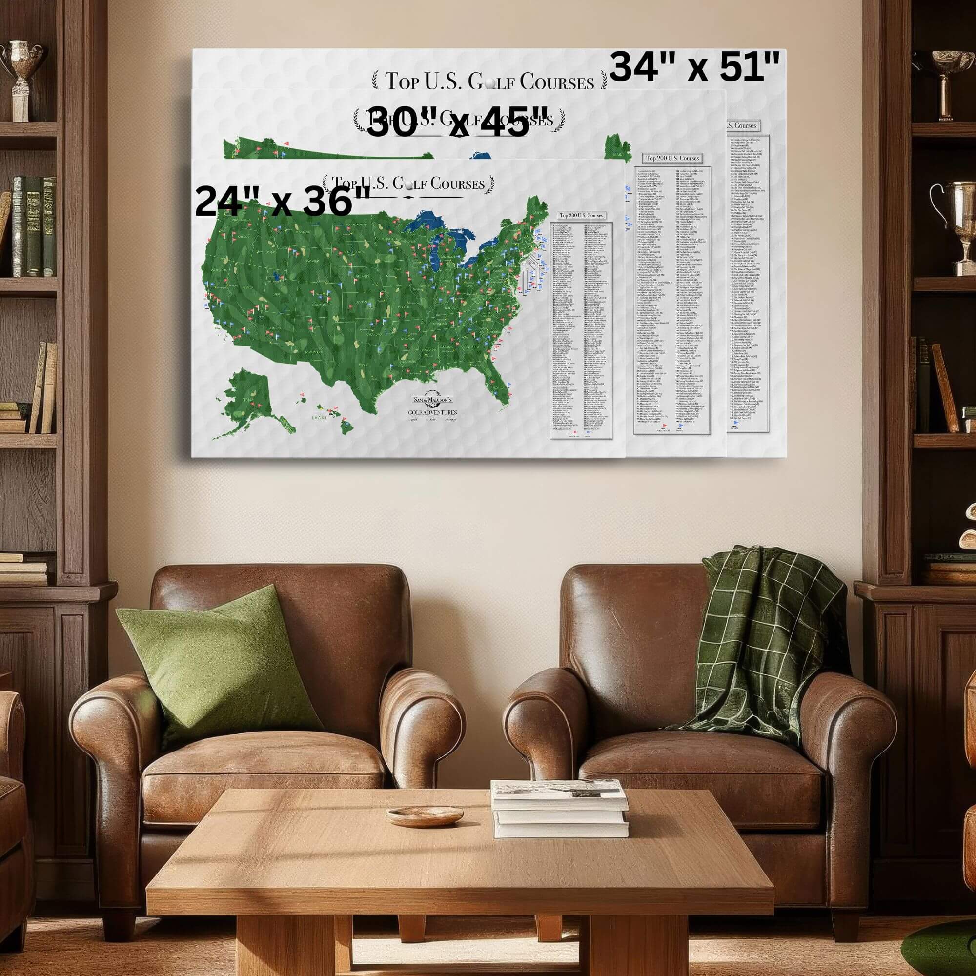 Top US Golf Courses canvas travel map with pins displayed above brown leather chairs in cozy living room, three size options shown