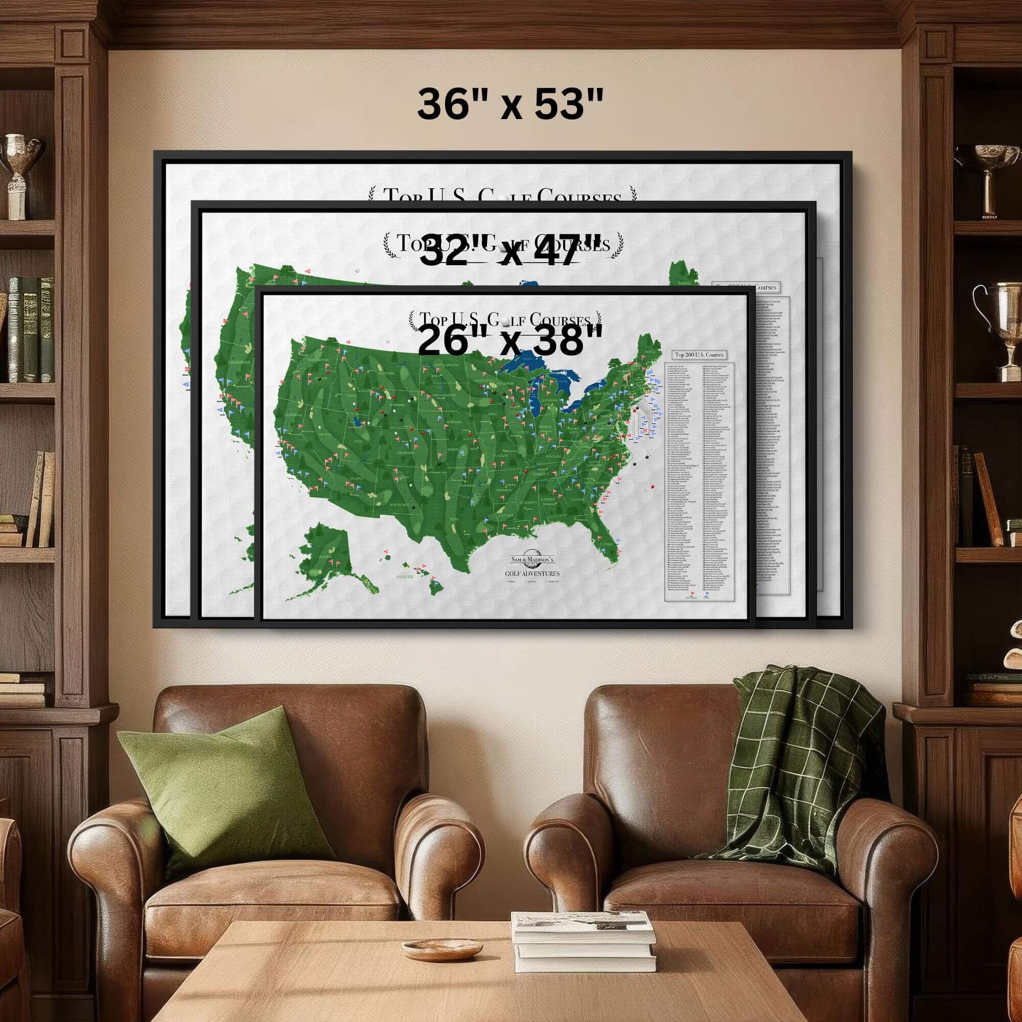 Three framed Top US Golf Courses canvas pin maps displayed in sizes over leather armchair study room