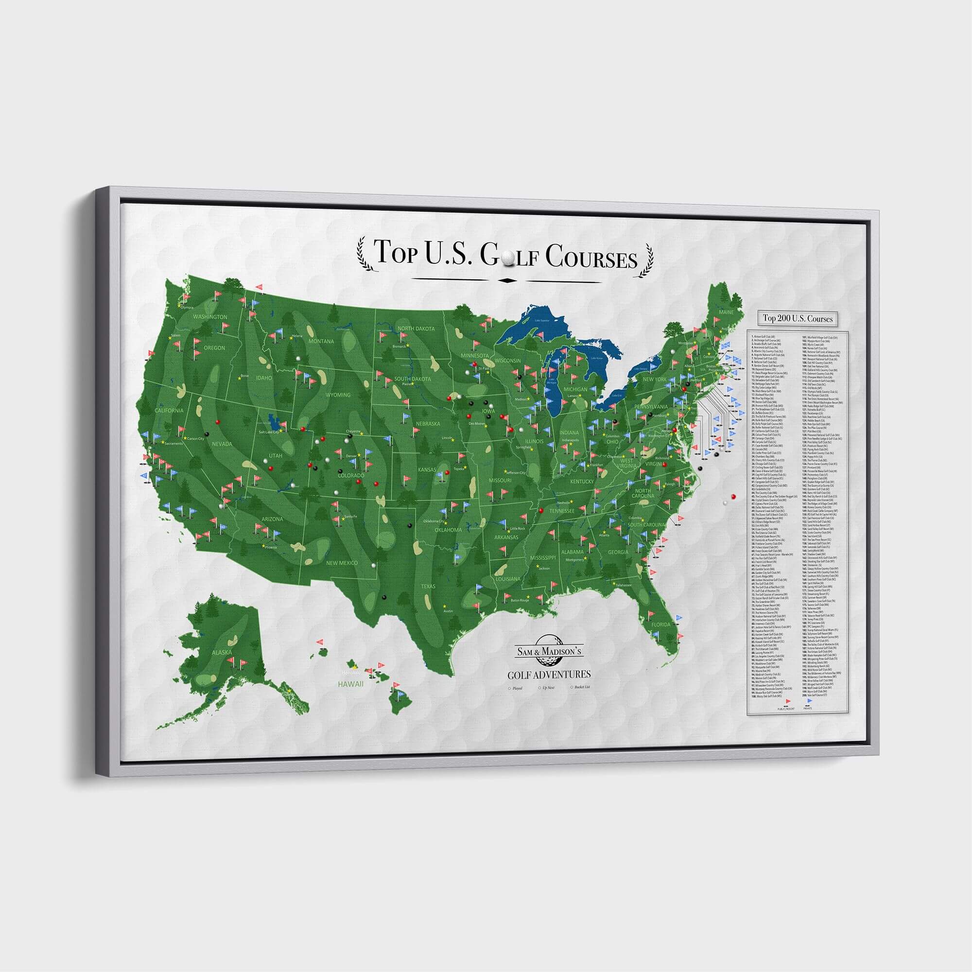 Framed canvas Top US Golf Courses travel pin map with green USA states and colored flag markers