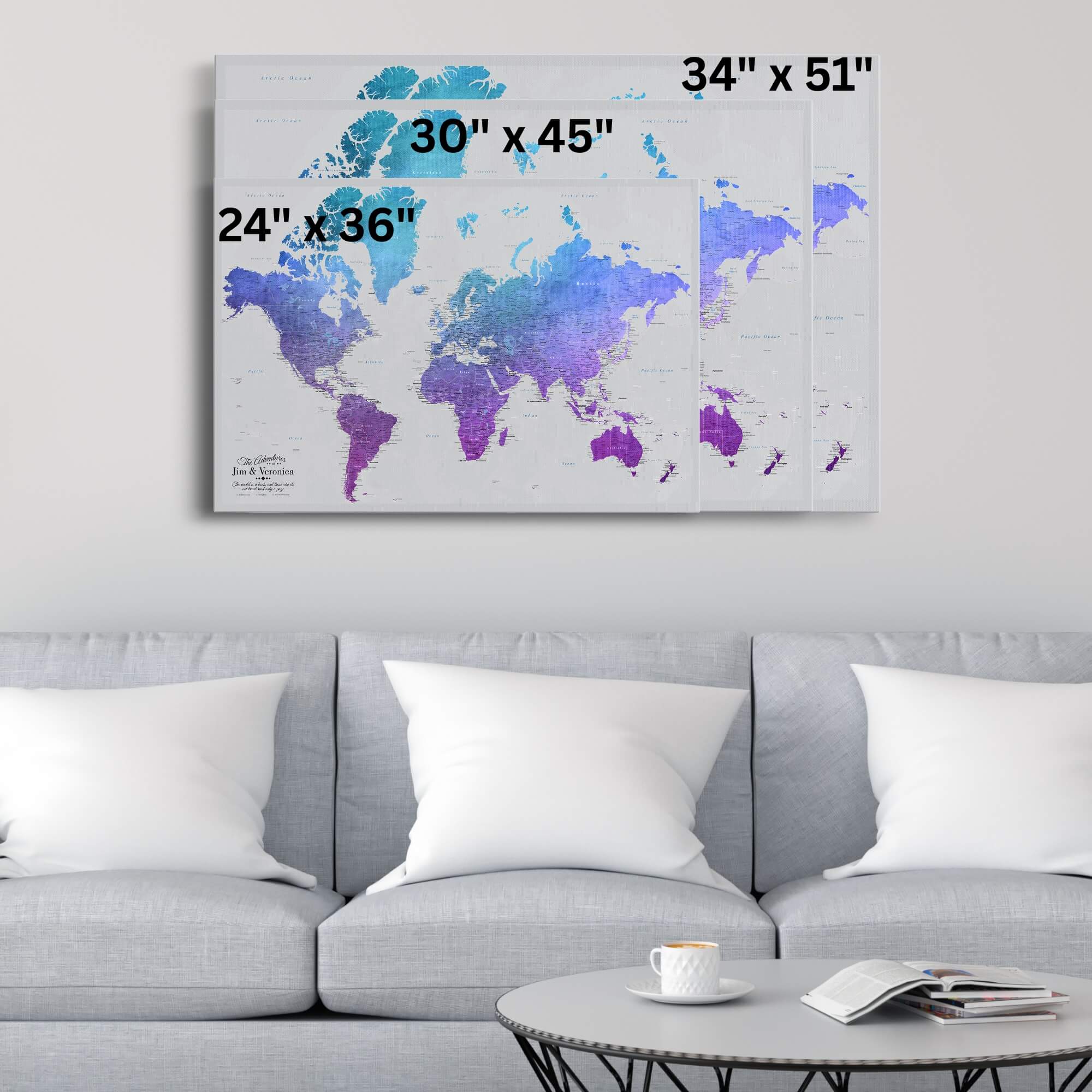 Gallery Wrapped - Vibrant Violet Watercolor World Travel Map with pins