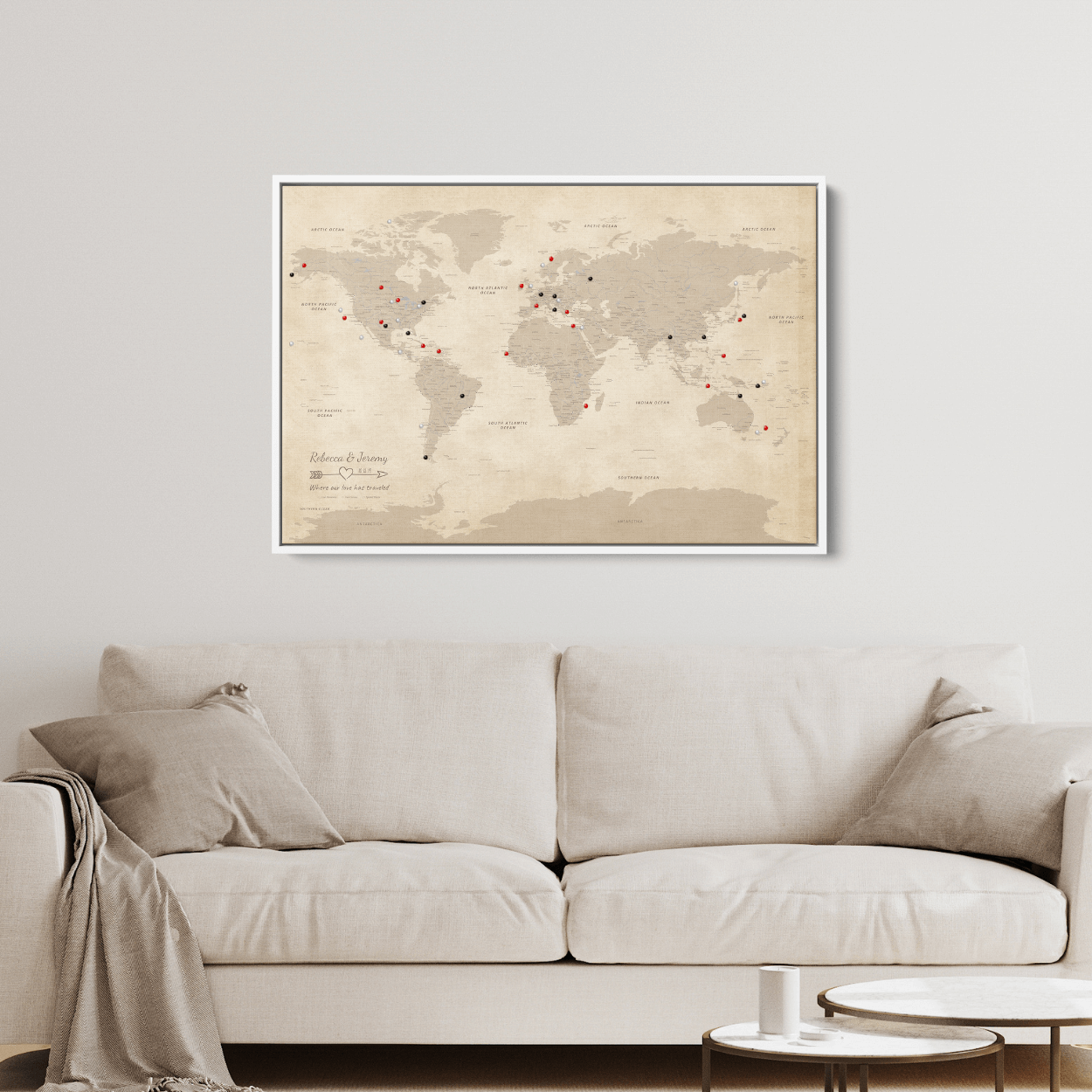 Canvas - Vintage World Push Pin Travel Map with pins