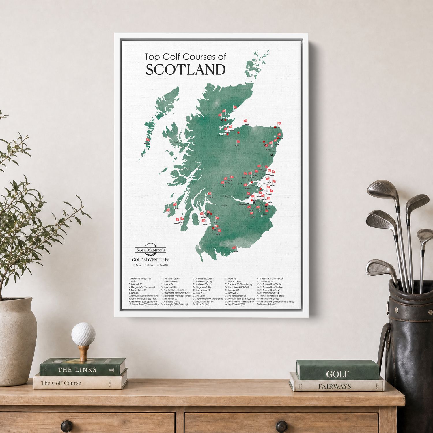 Canvas - Scotland Golf Courses Travel Map with Pins