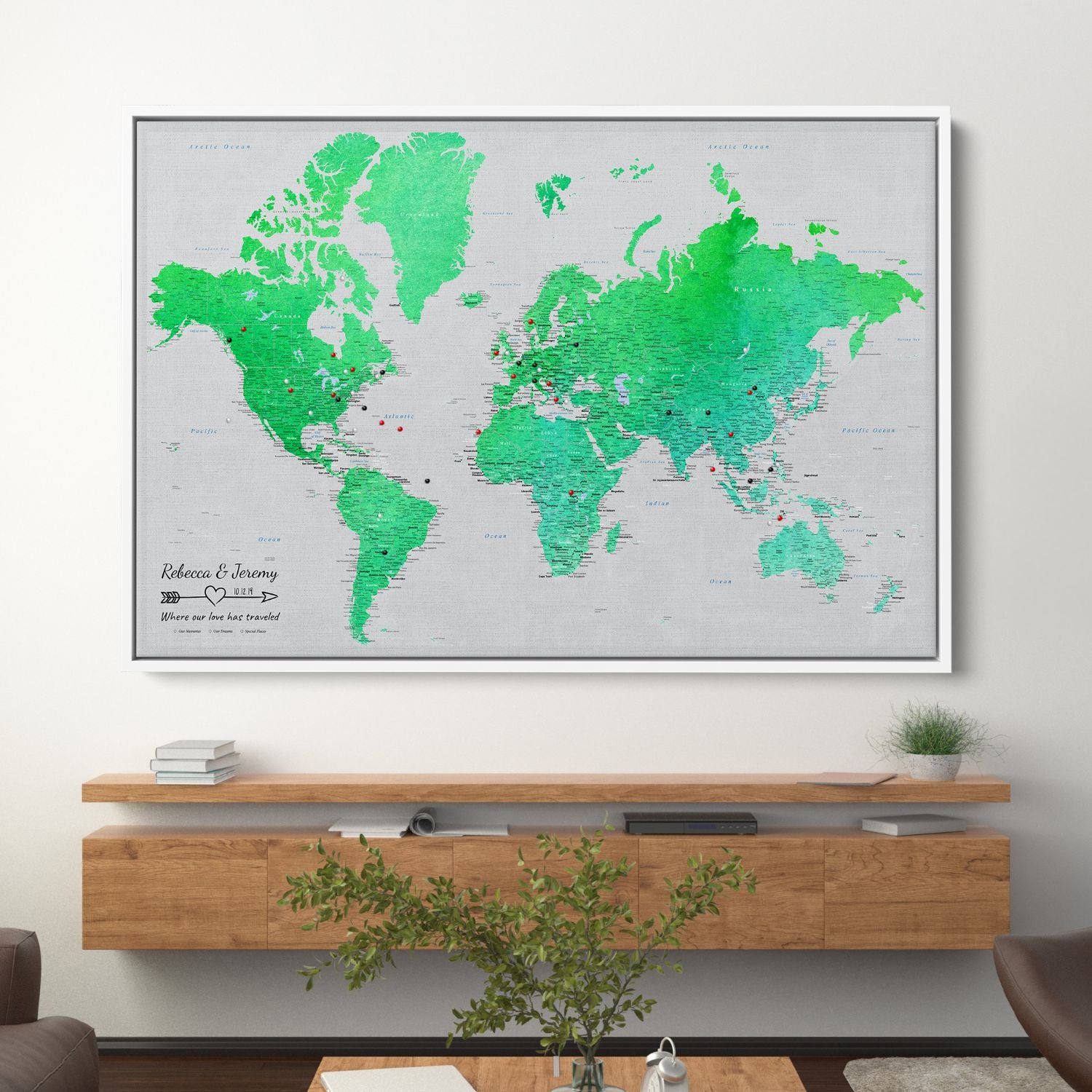 Canvas - Enchanting Emerald Watercolor World Travel Map with pins