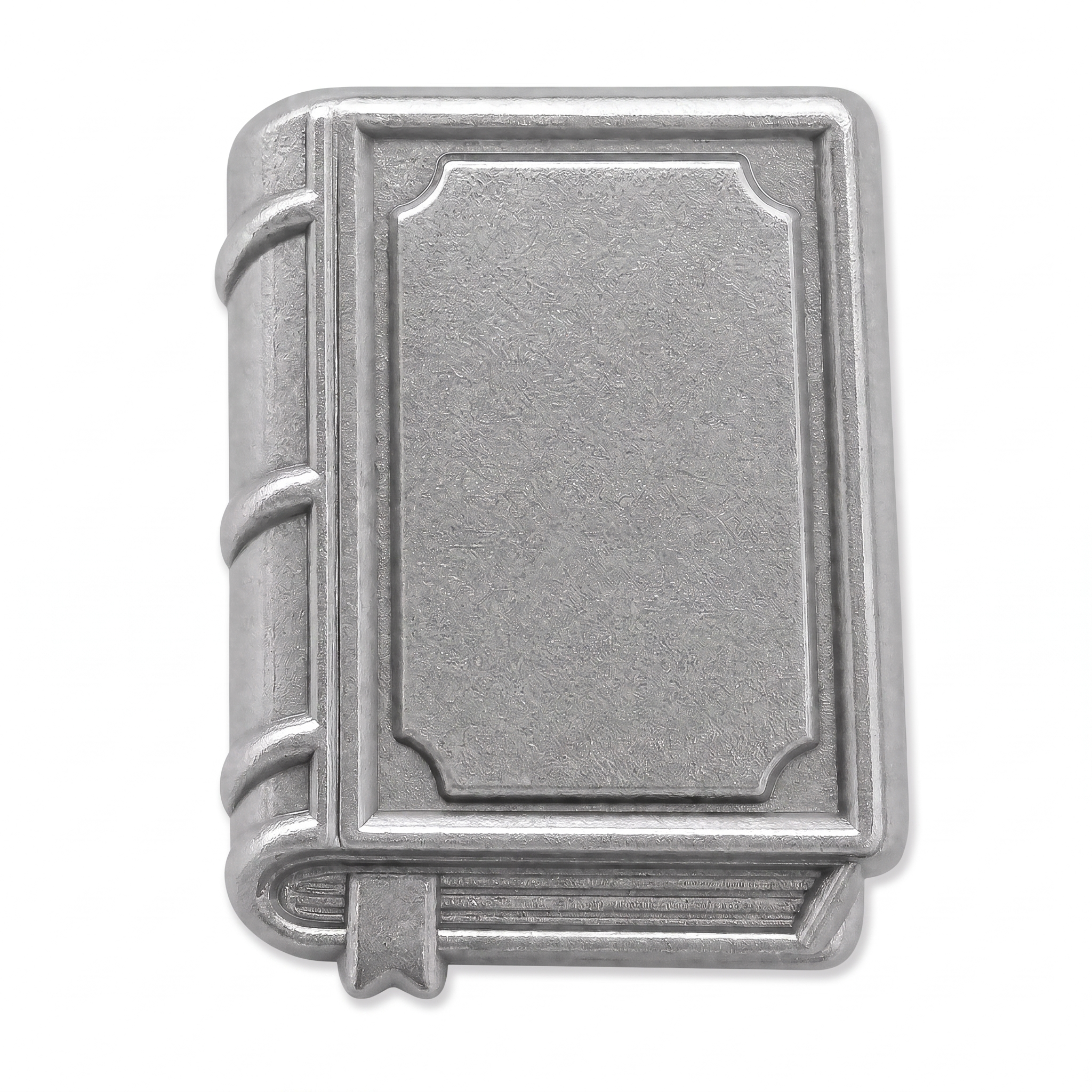 Silver 3D metal book push pin with embossed cover spine bands and bookmark ribbon detail