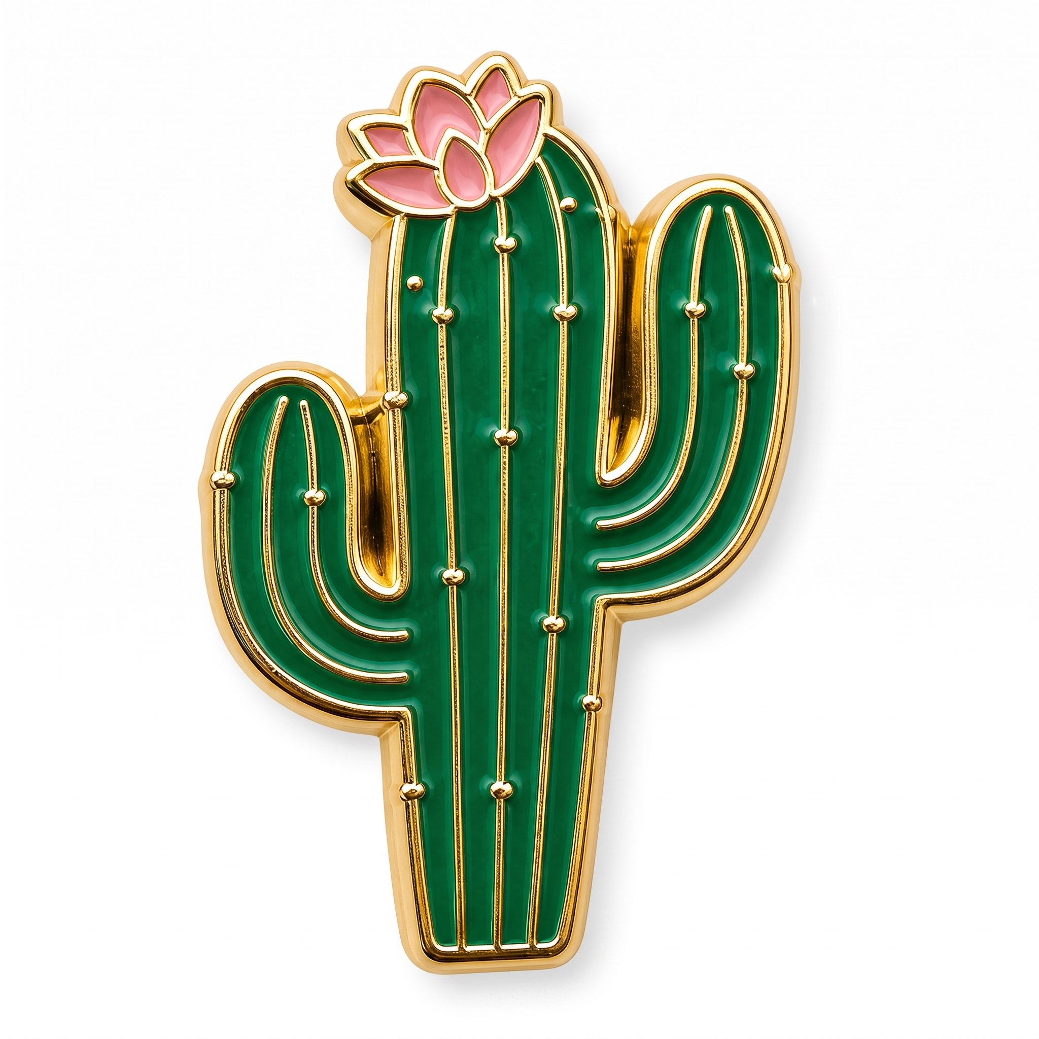 Green and gold soft enamel cactus push pin with pink blooming flower top detail
