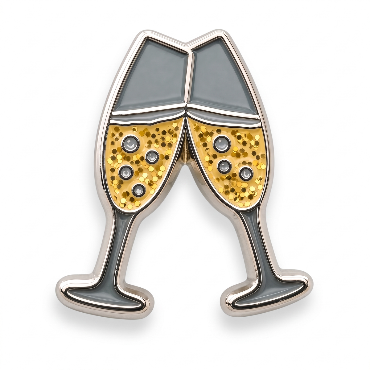 Champagne glasses enamel lapel pin with gold glitter and pearl bubble details clinking toast design