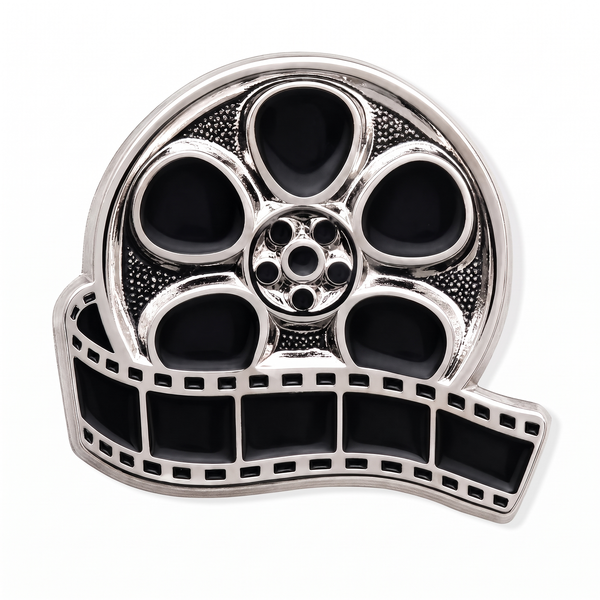 Silver and black enamel movie film reel lapel pin with unspooling filmstrip detail